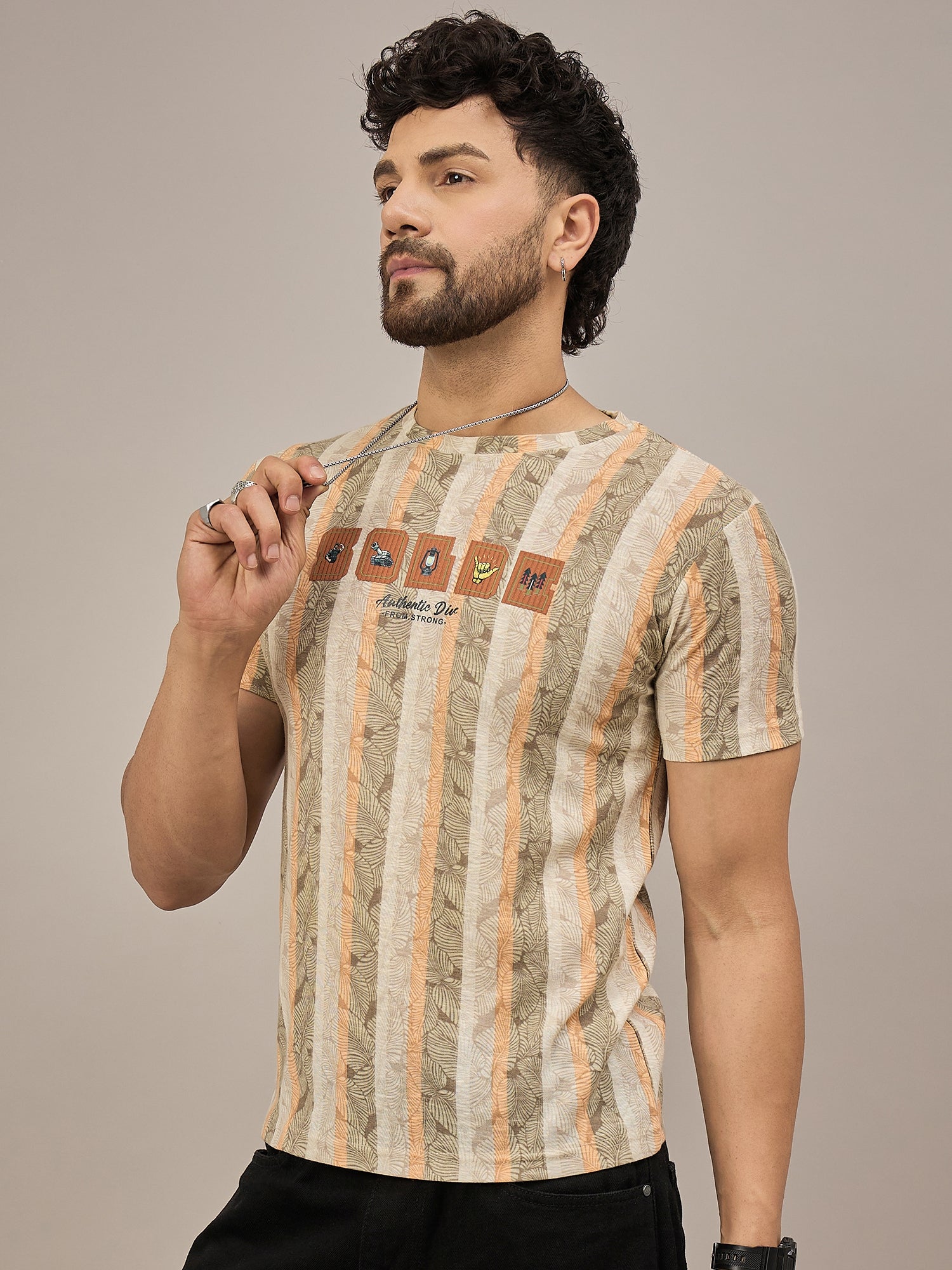 Men Striped T-shirt Light Brown & Orange