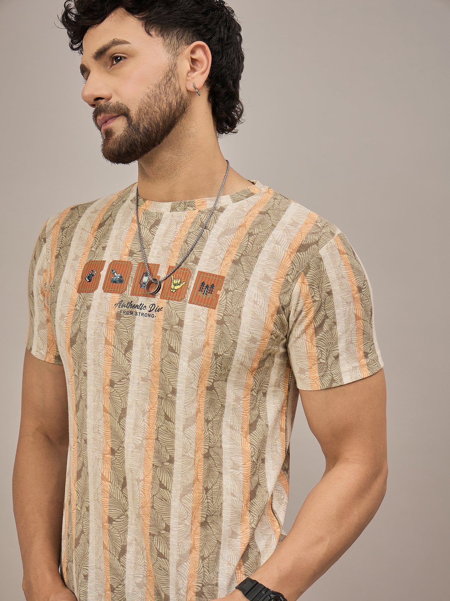 Men Striped T-shirt Light Brown & Orange