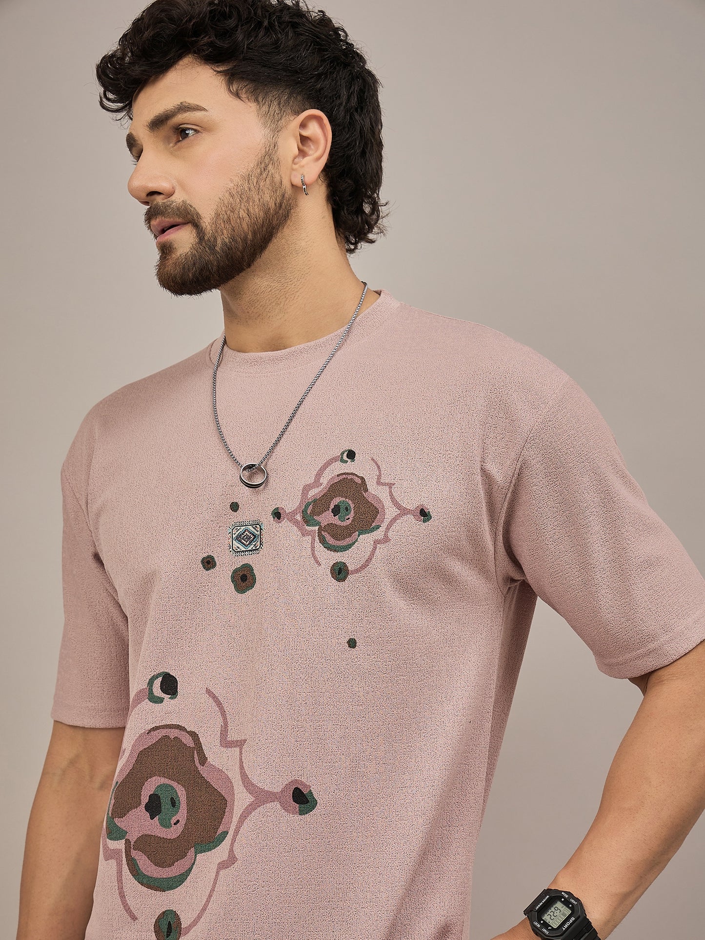 Men Oversized Round Neck Drop Shoulder T-shirt Pink