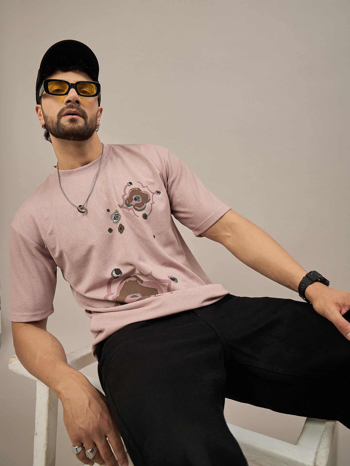 Men Oversized Round Neck Drop Shoulder T-shirt Pink