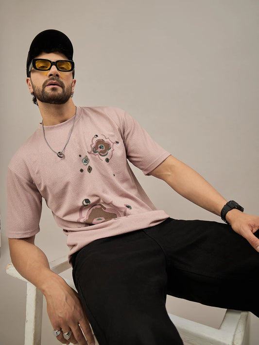 Men Oversized Printed Round Neck Drop Shoulder T-shirt Pink