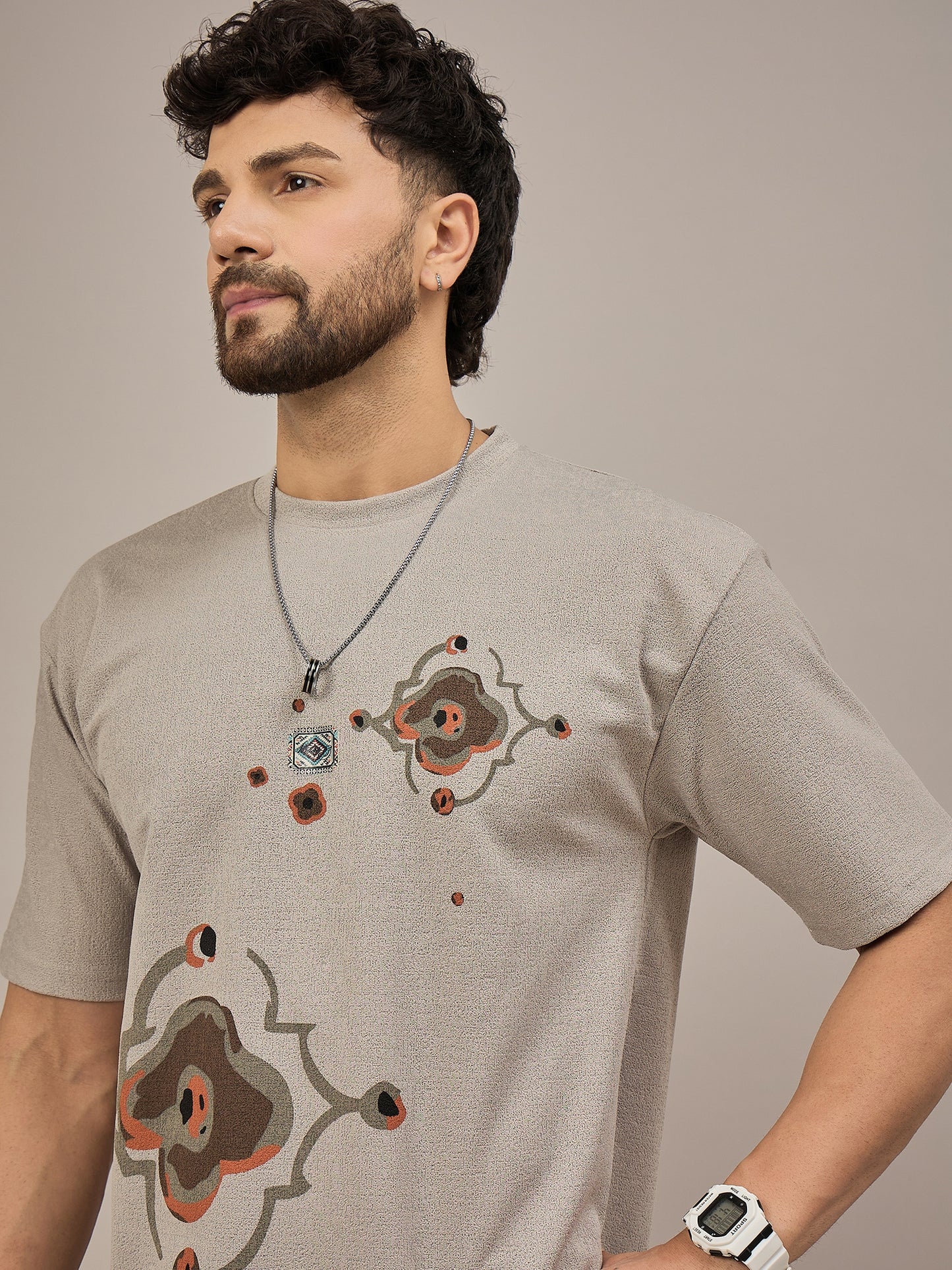 Men Oversized Round Neck Drop Shoulder T-shirt Beige