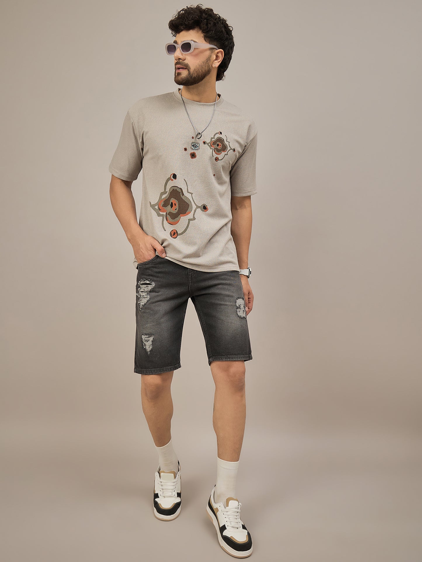 Men Oversized Round Neck Drop Shoulder T-shirt Beige