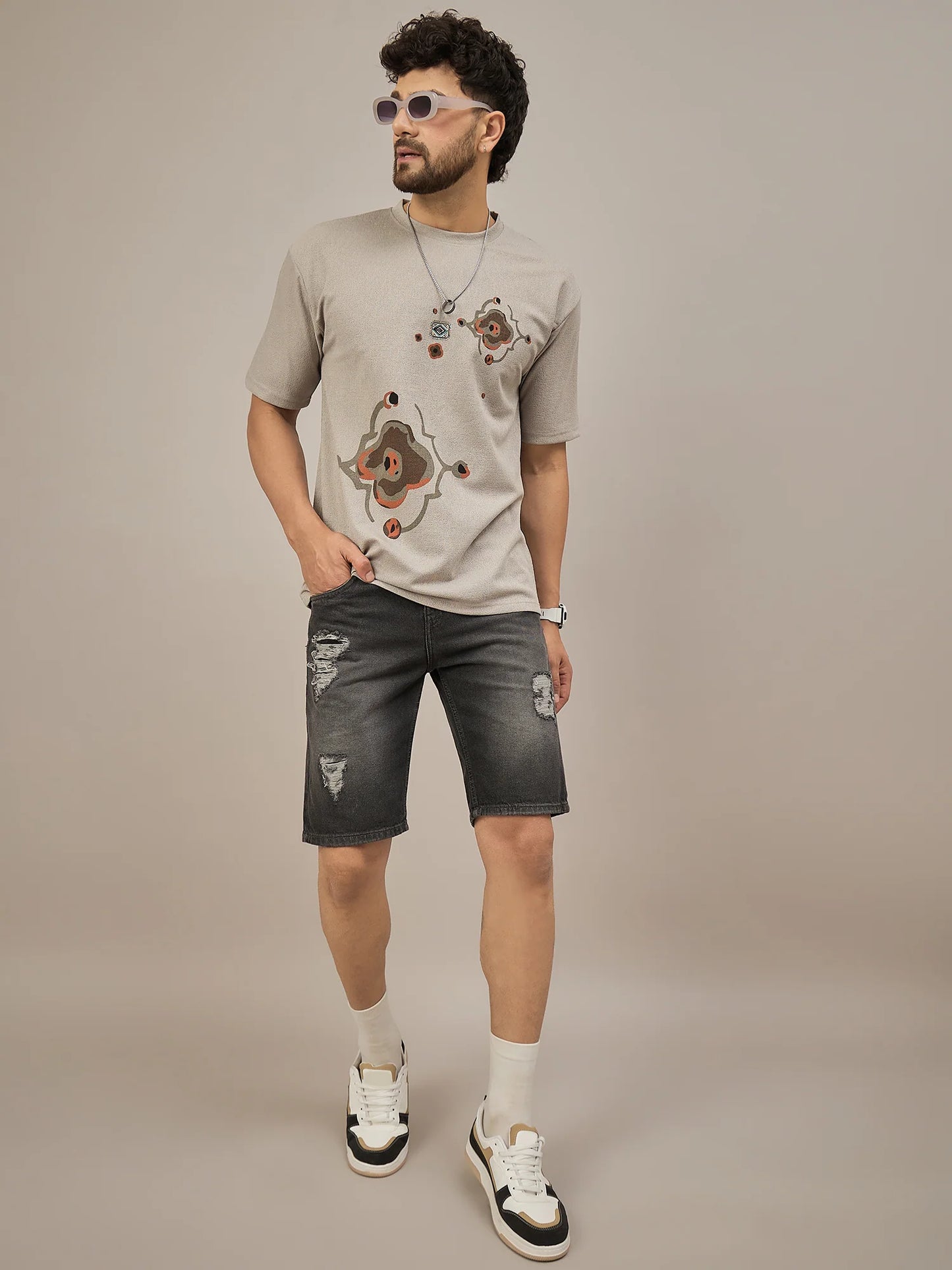 Men Oversized Printed Round Neck Drop Shoulder T-shirt Beige