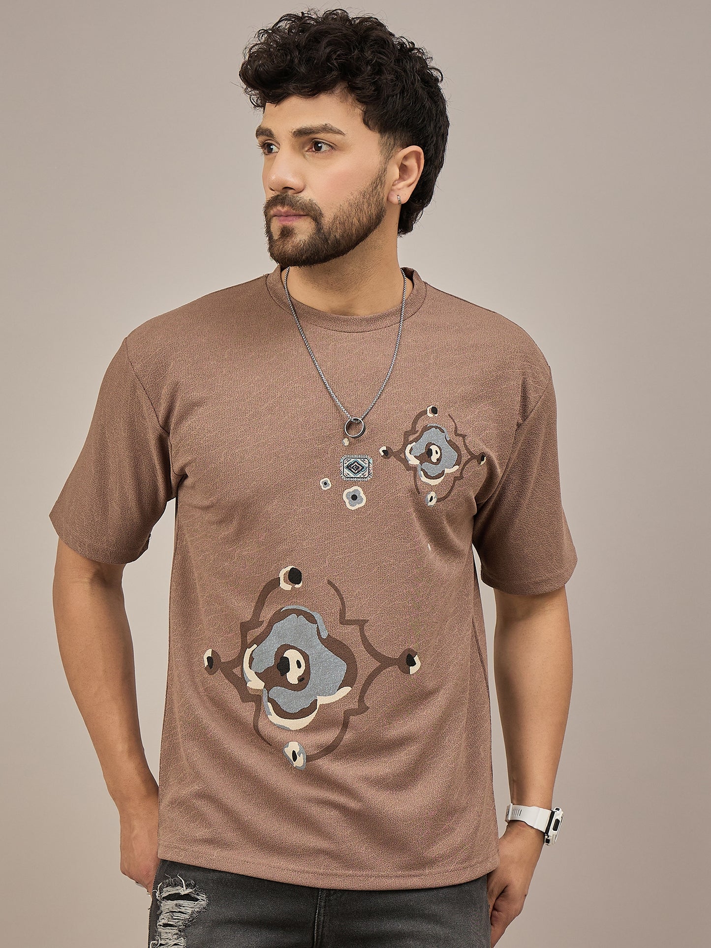 Men Oversized Round Neck Drop Shoulder T-shirt Brown