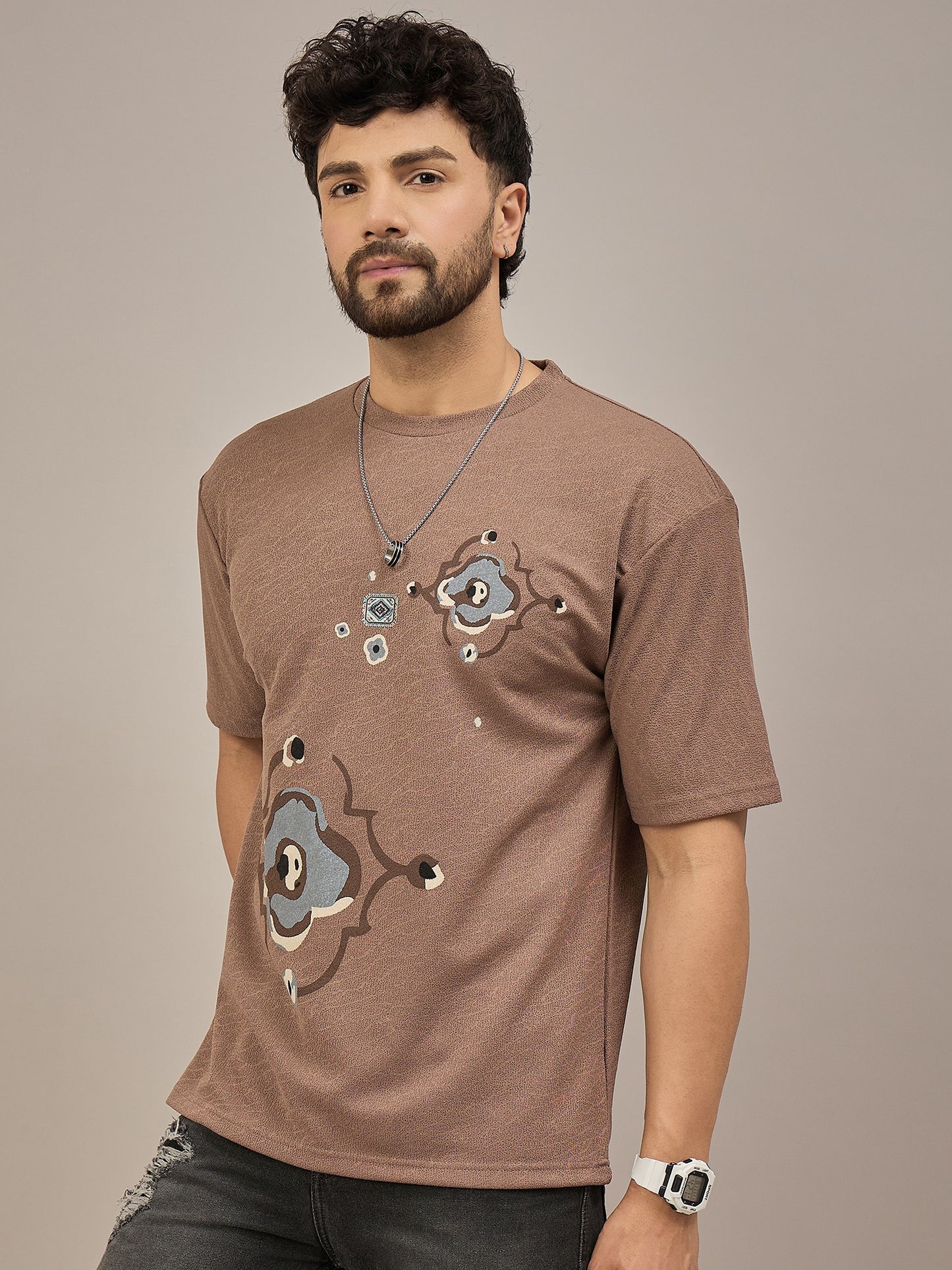 Men Oversized Round Neck Drop Shoulder T-shirt Brown