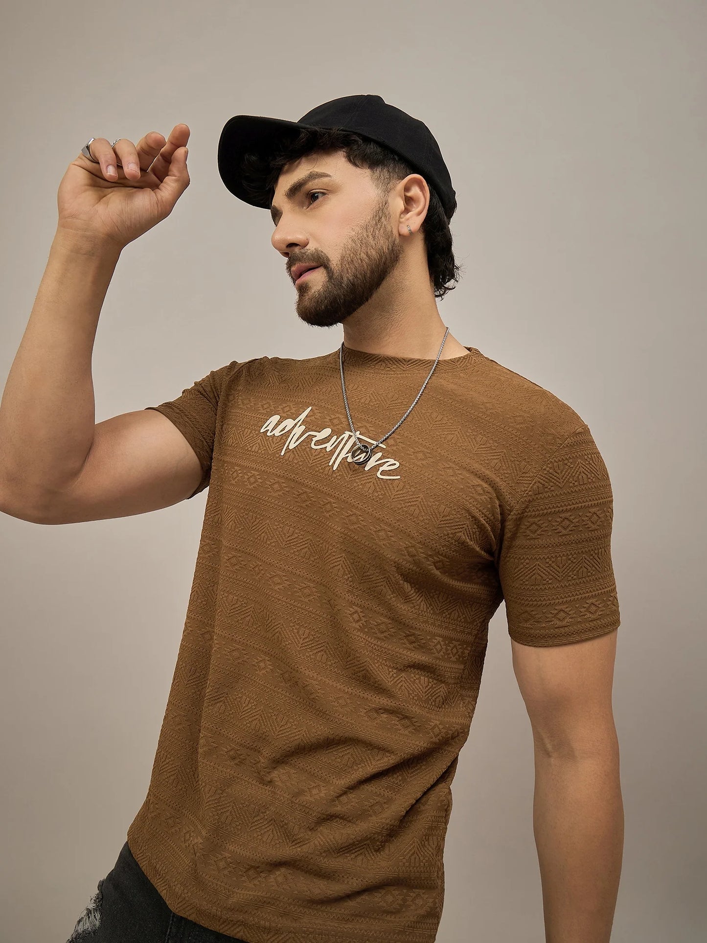 Men Textured Round Neck T-shirt Brown
