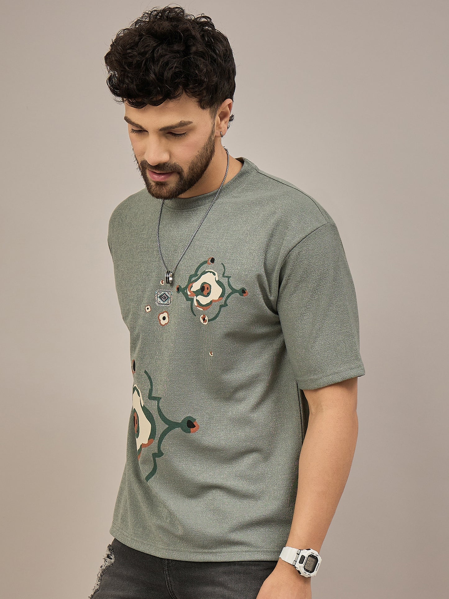 Men Oversized Round Neck Drop Shoulder T-shirt Green