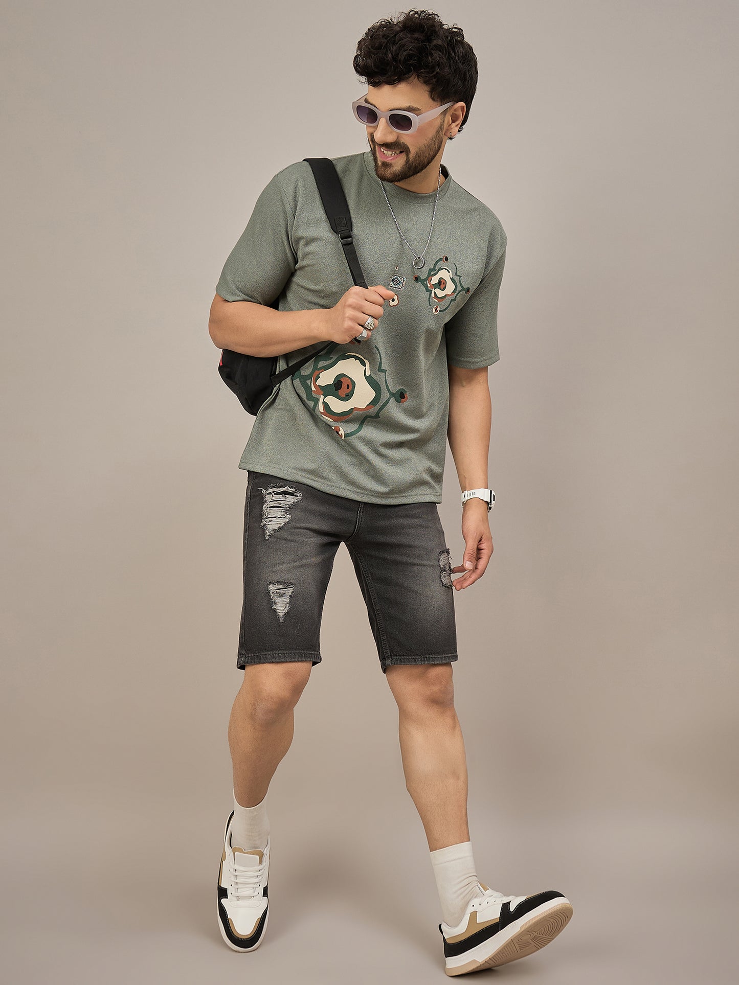 Men Oversized Round Neck Drop Shoulder T-shirt Green