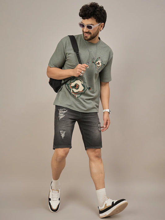 Men Oversized Printed Round Neck Drop Shoulder T-shirt Green