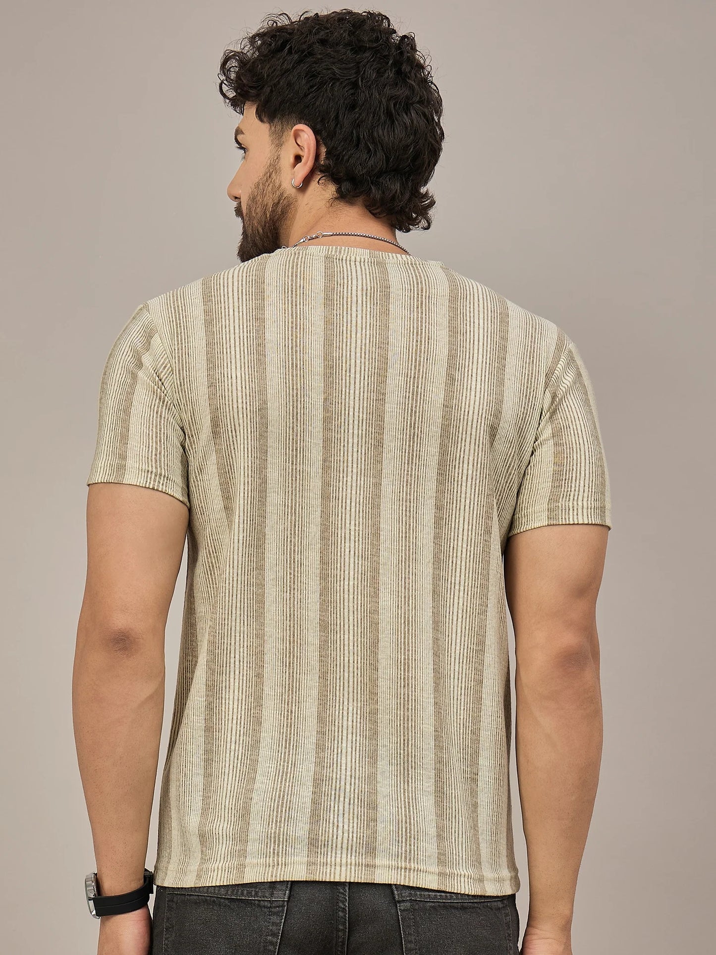 Men Striped T-shirt Beige and Light Brown