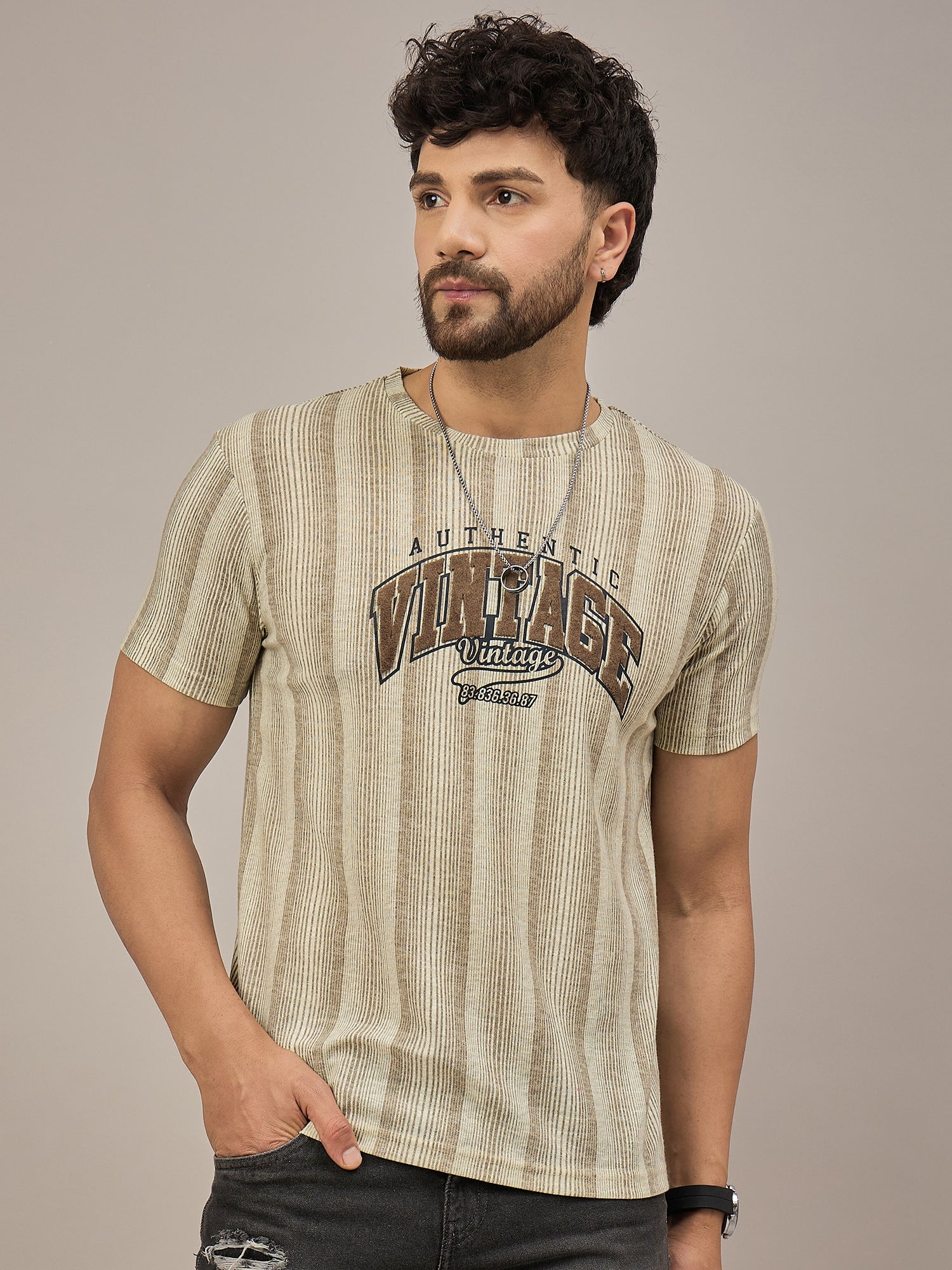 Men Striped T-shirt Beige & Light Brown