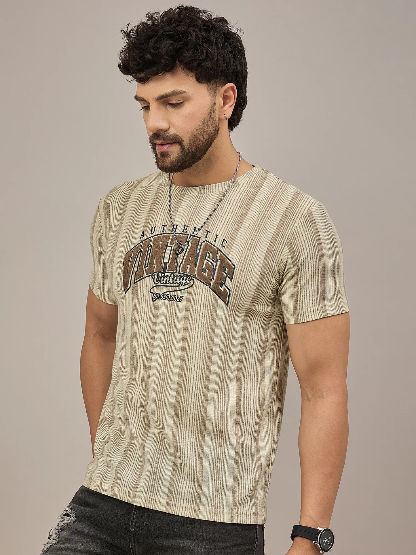 Men Striped T-shirt Beige and Light Brown