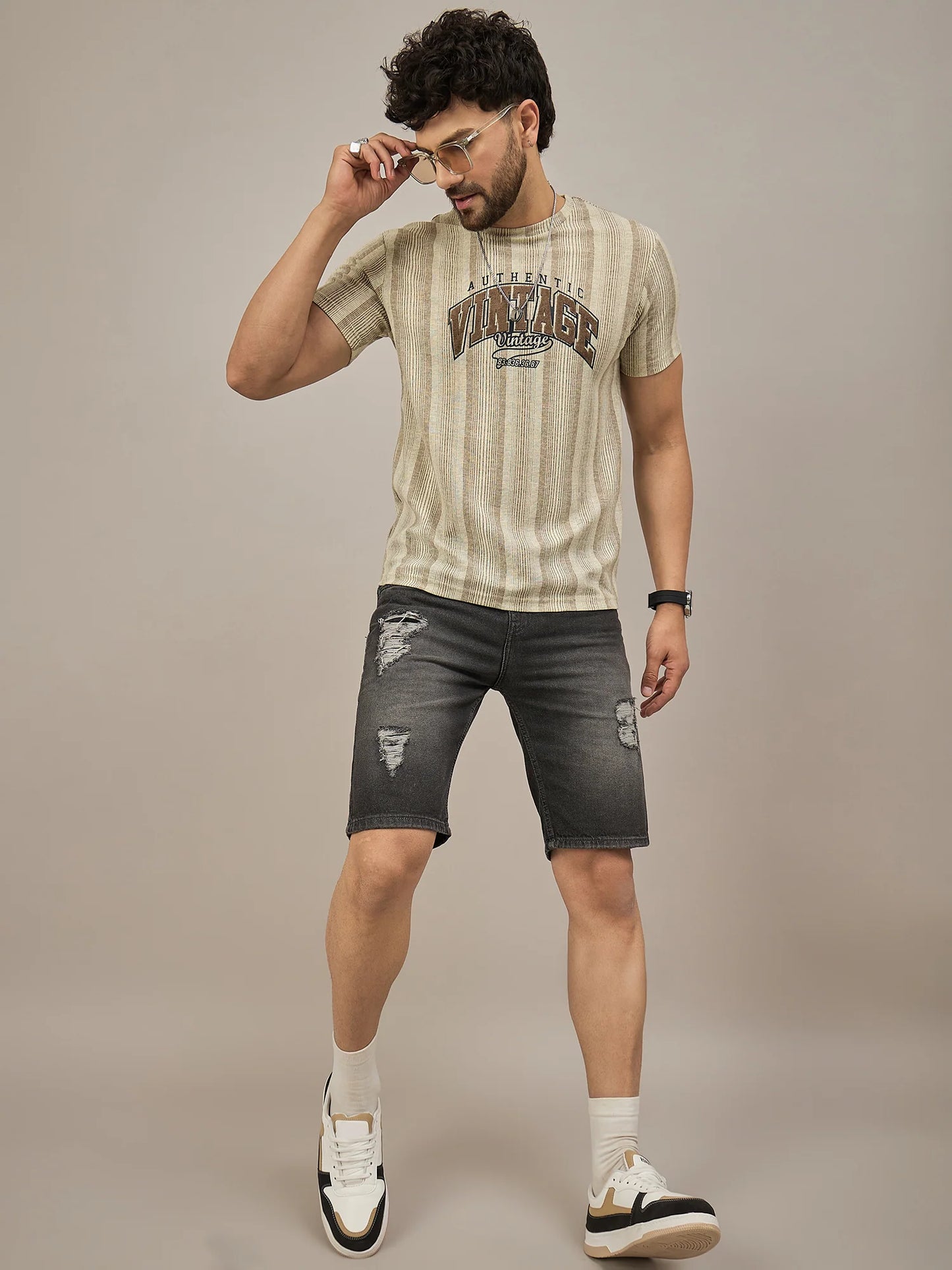 Men Striped T-shirt Beige and Light Brown