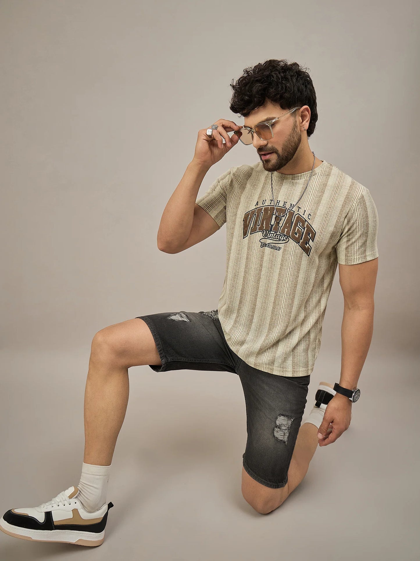Men Striped T-shirt Beige and Light Brown