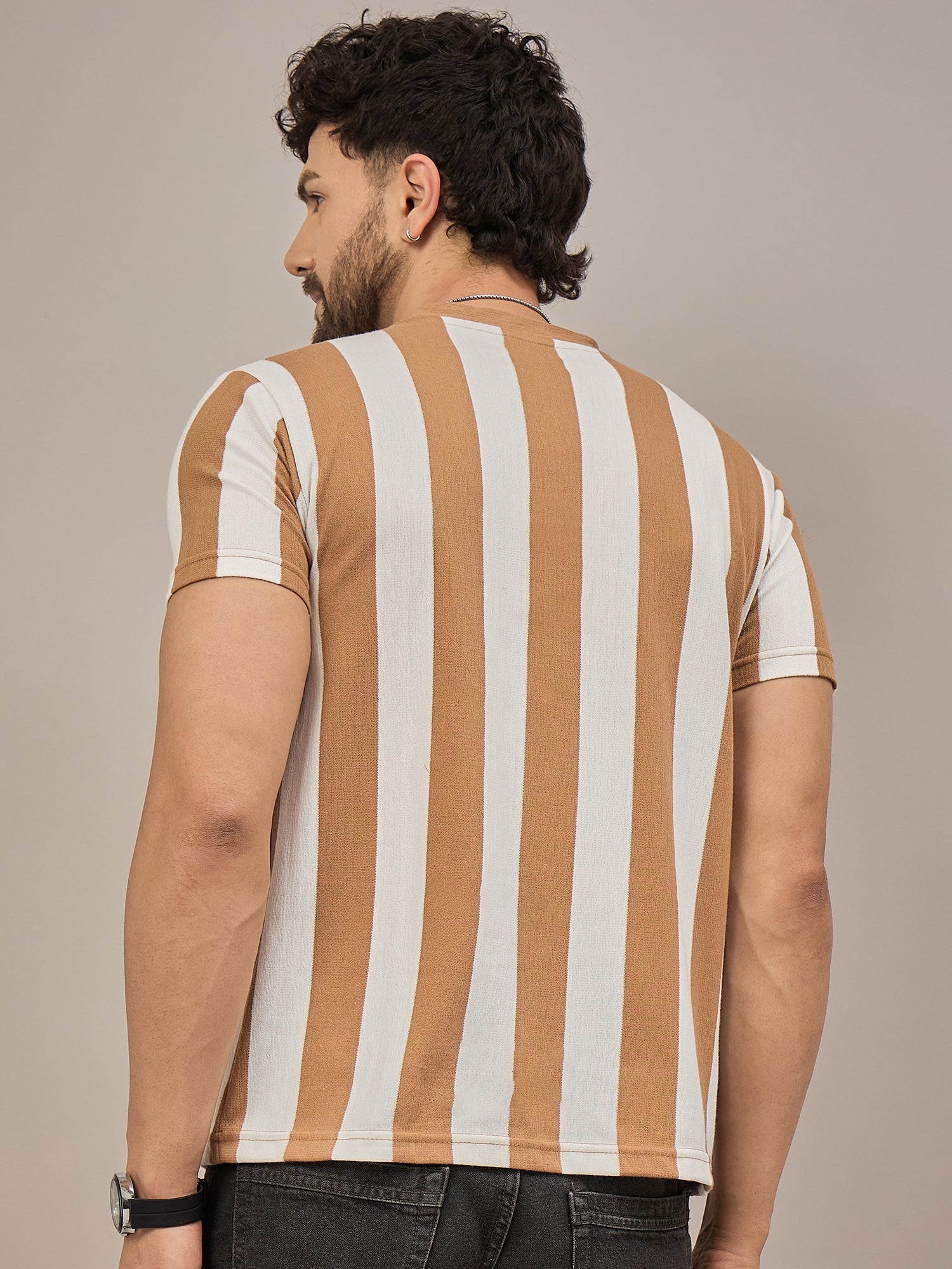 Men Striped T-shirt Light Brown & White