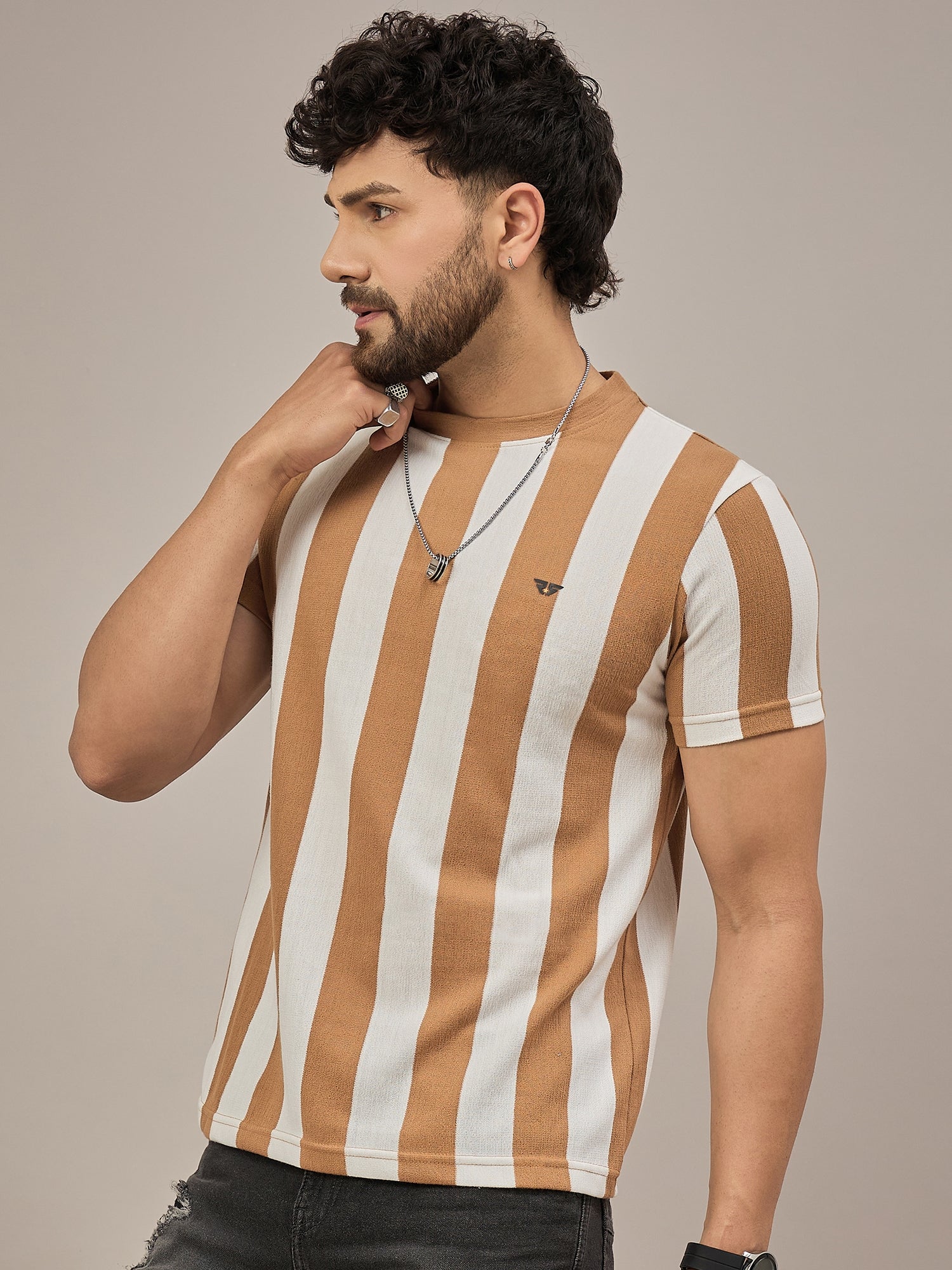 Men Striped T-shirt Light Brown & White