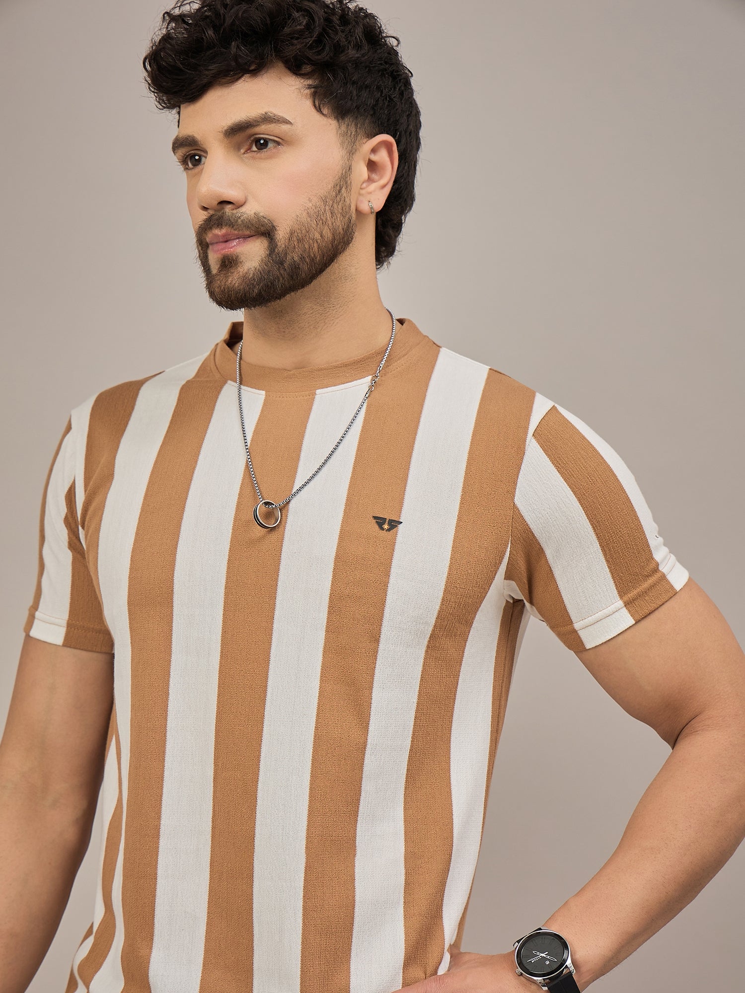 Men Striped T-shirt Light Brown & White