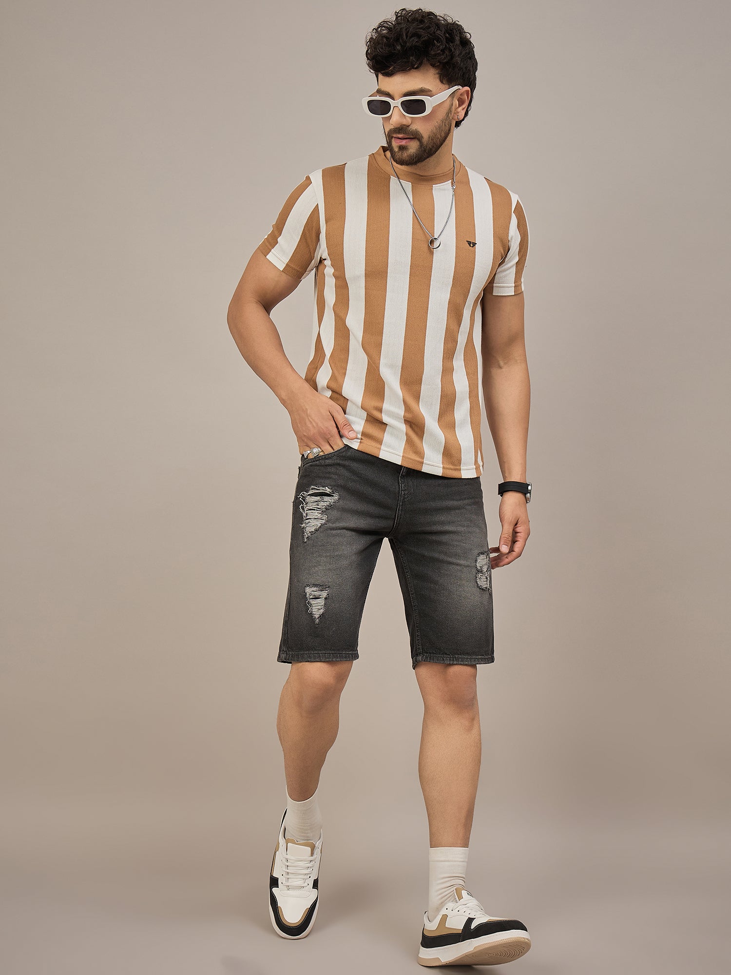 Men Striped T-shirt Light Brown & White