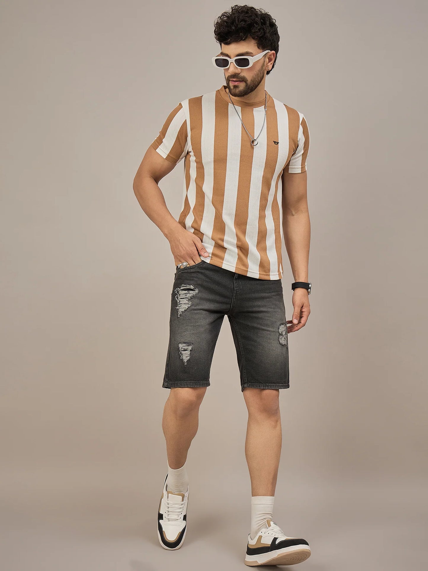 Men Striped T-shirt Light Brown and White
