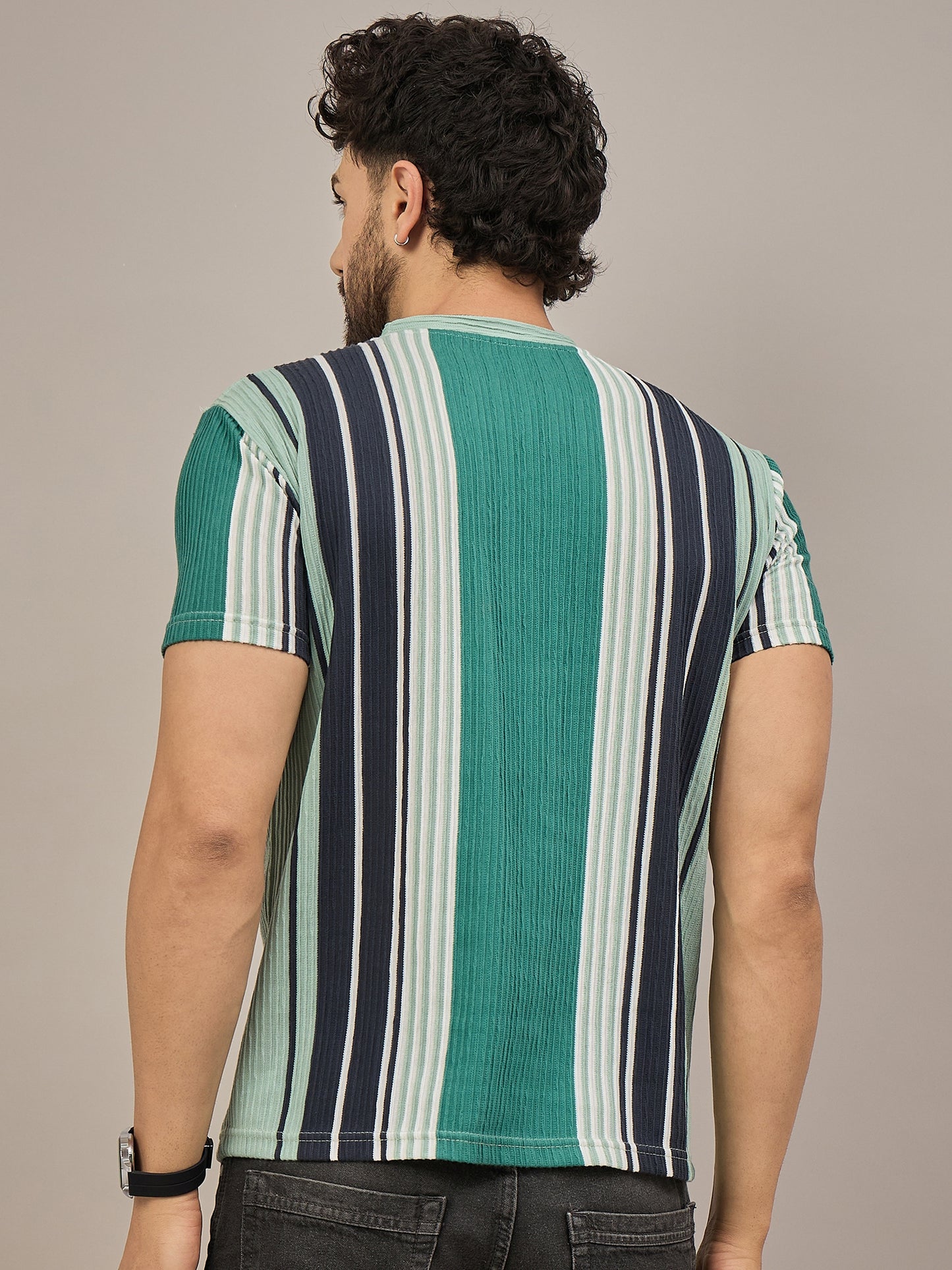 Men Striped T-shirt Green & Black
