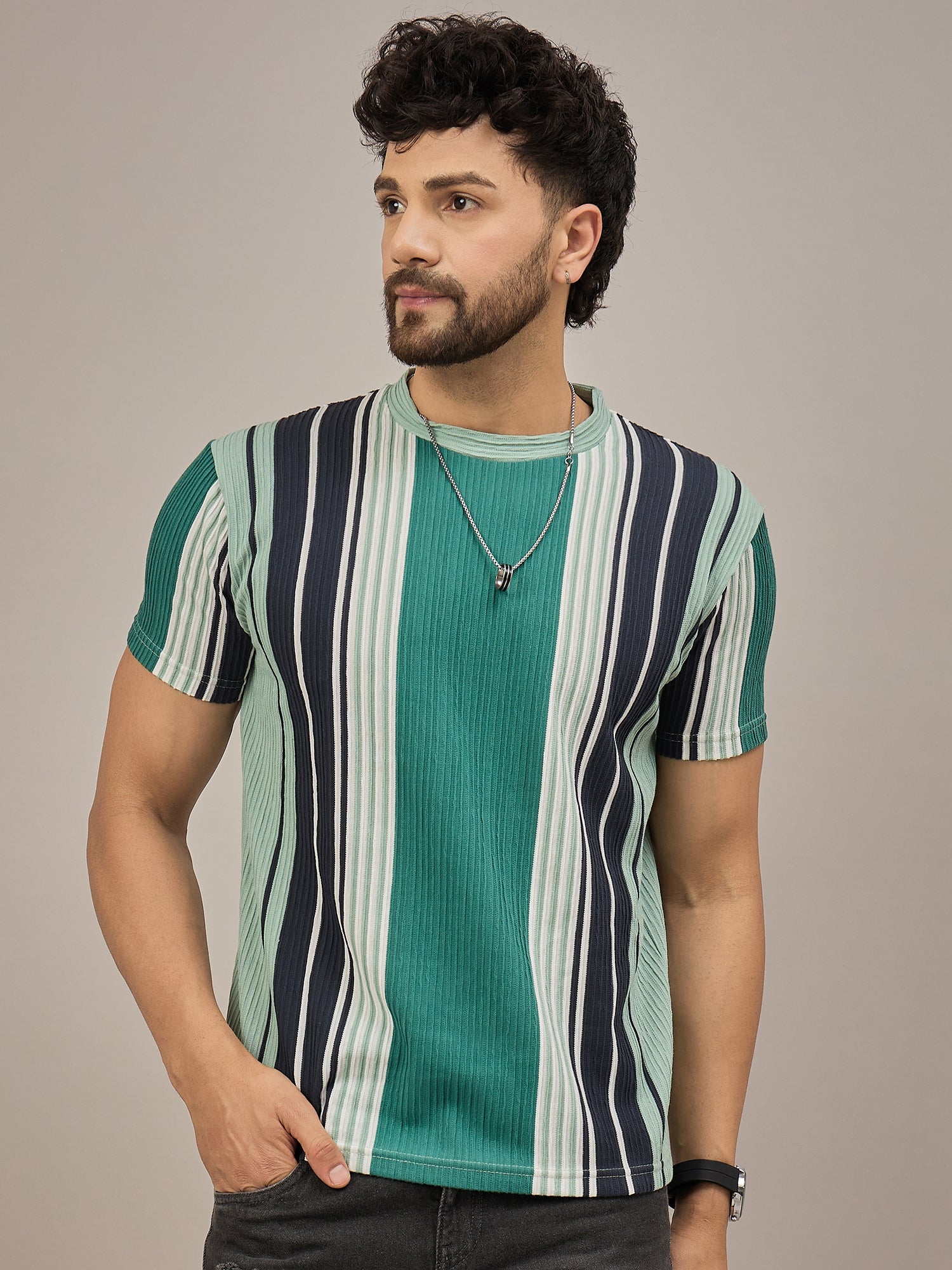Men Striped T-shirt Green & Black