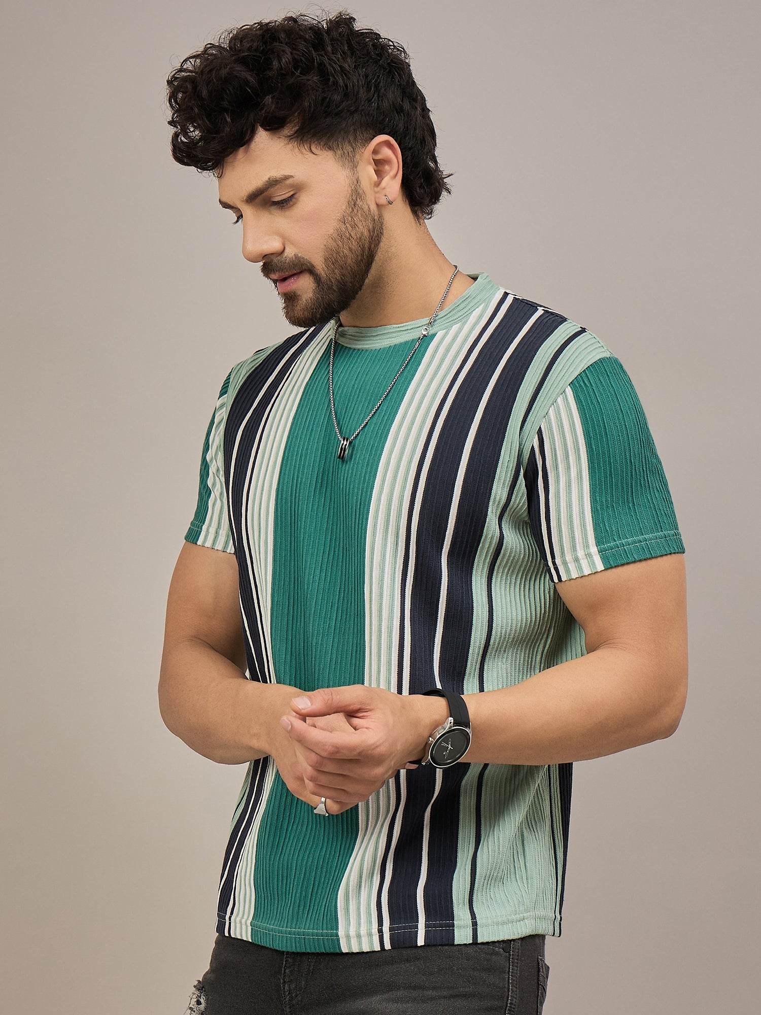 Men Striped T-shirt Green & Black