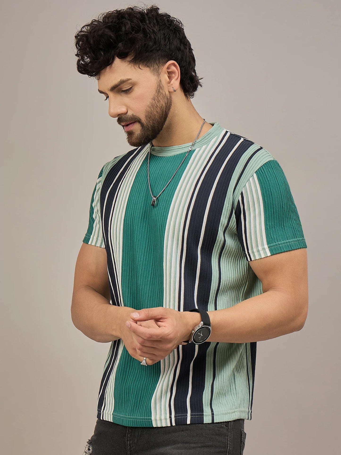 Men Striped T-shirt Green and Black