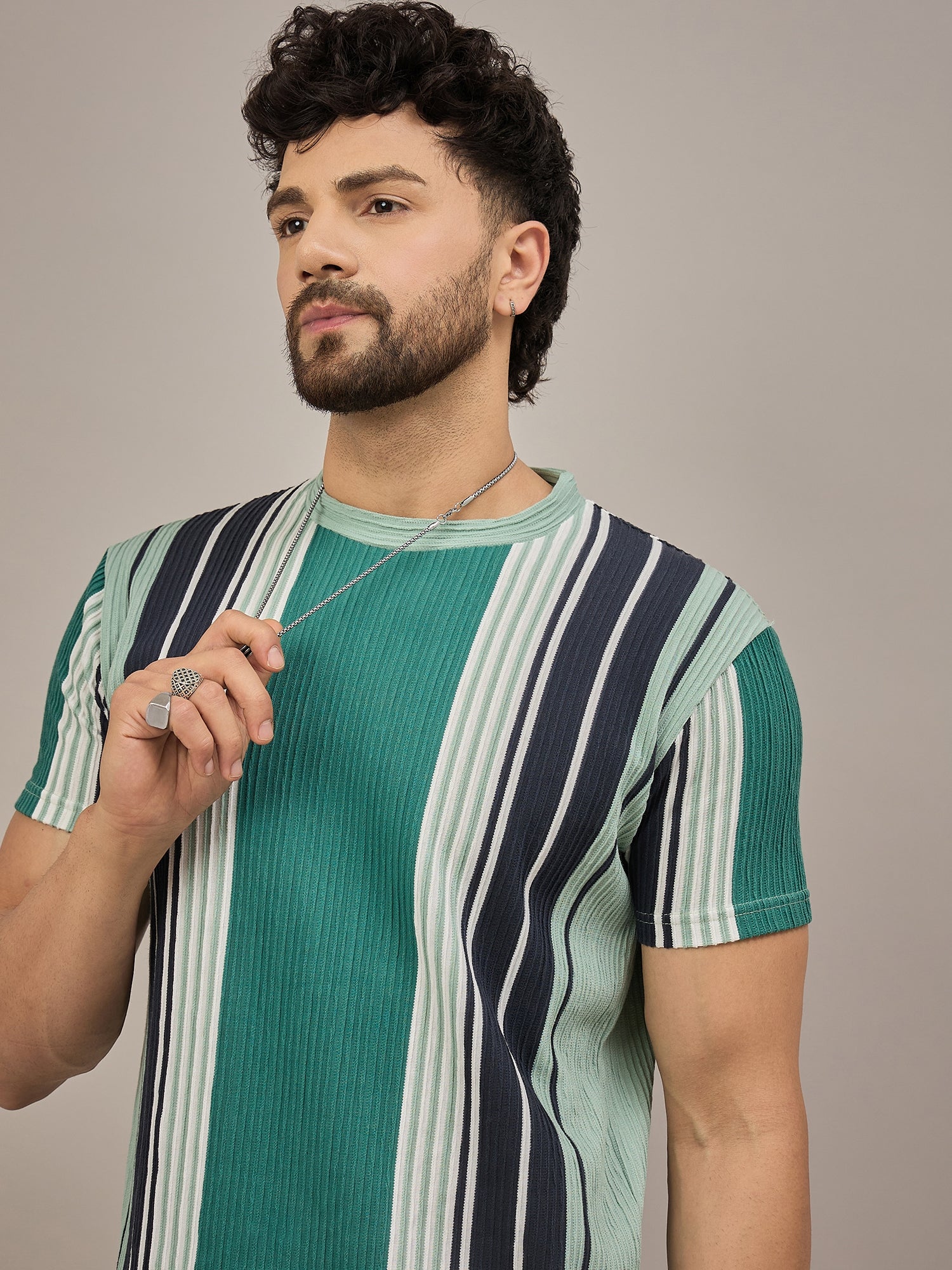 Men Striped T-shirt Green & Black