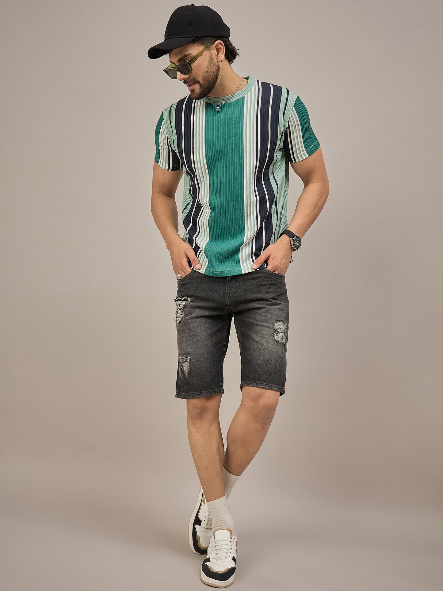 Men Striped T-shirt Green & Black