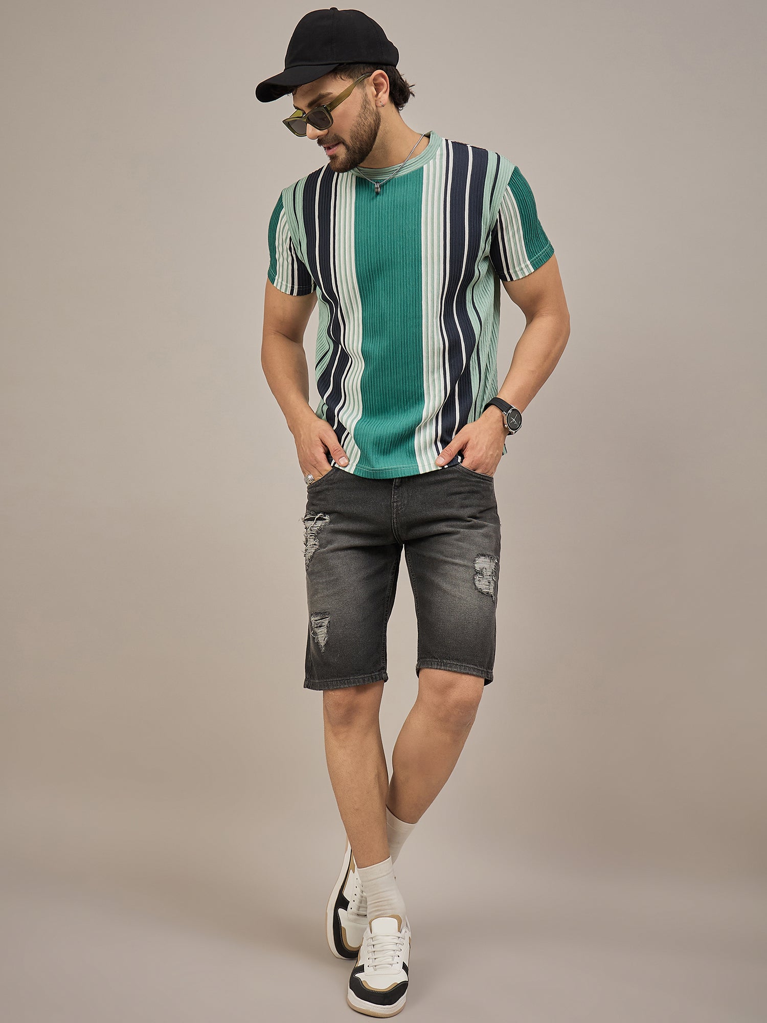 Men Striped T-shirt Green & Black
