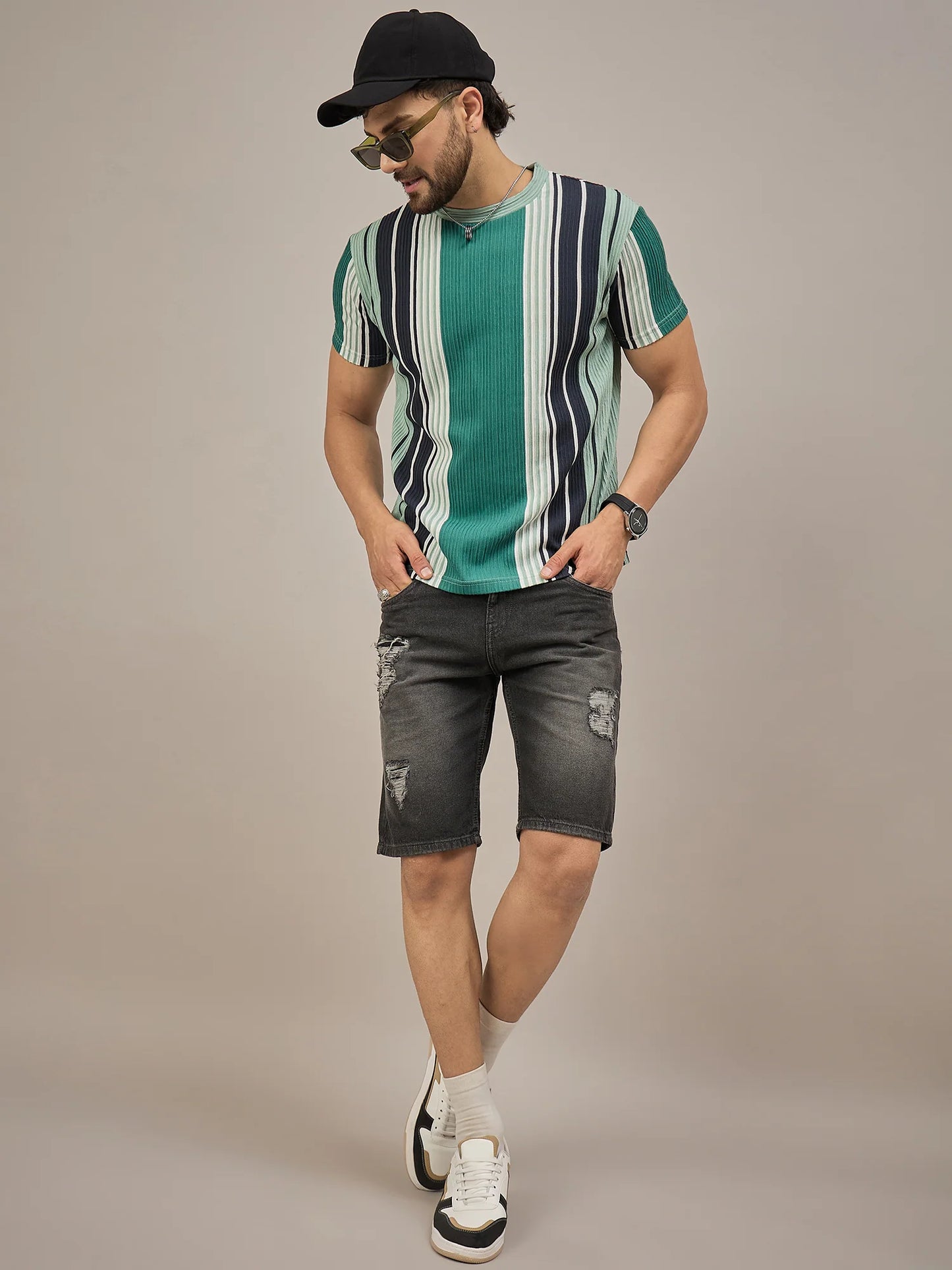 Men Striped T-shirt Green and Black