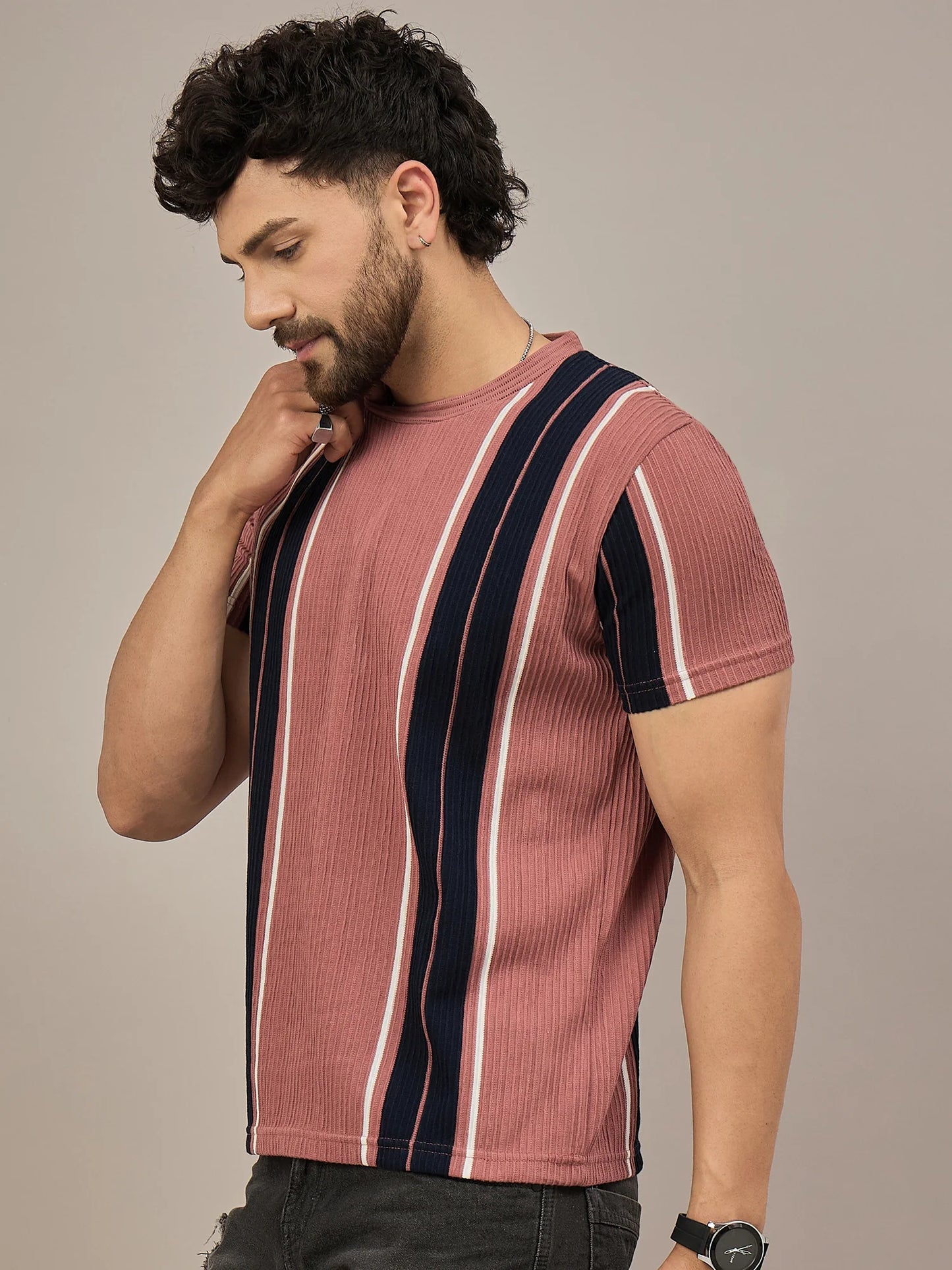 Men Striped T-shirt Rust and Black