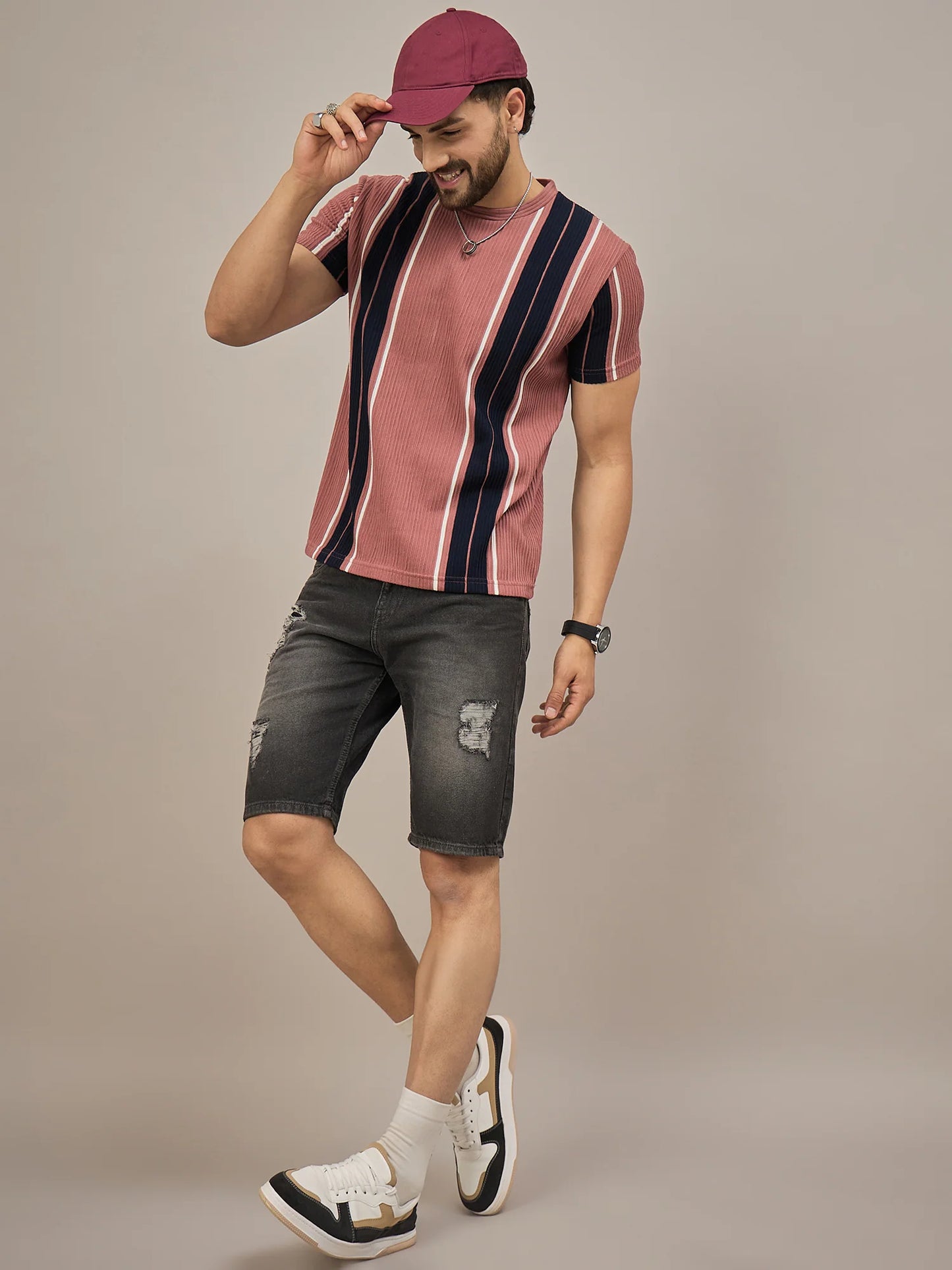 Men Striped T-shirt Rust and Black