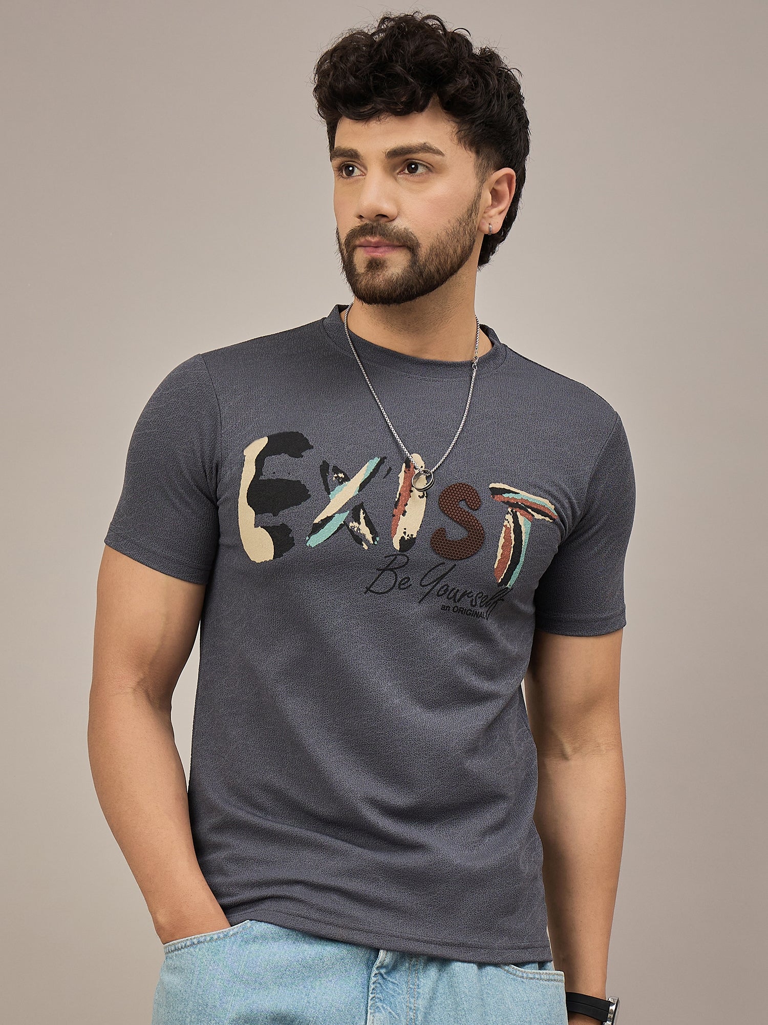 Men Round Neck T-shirt Blue