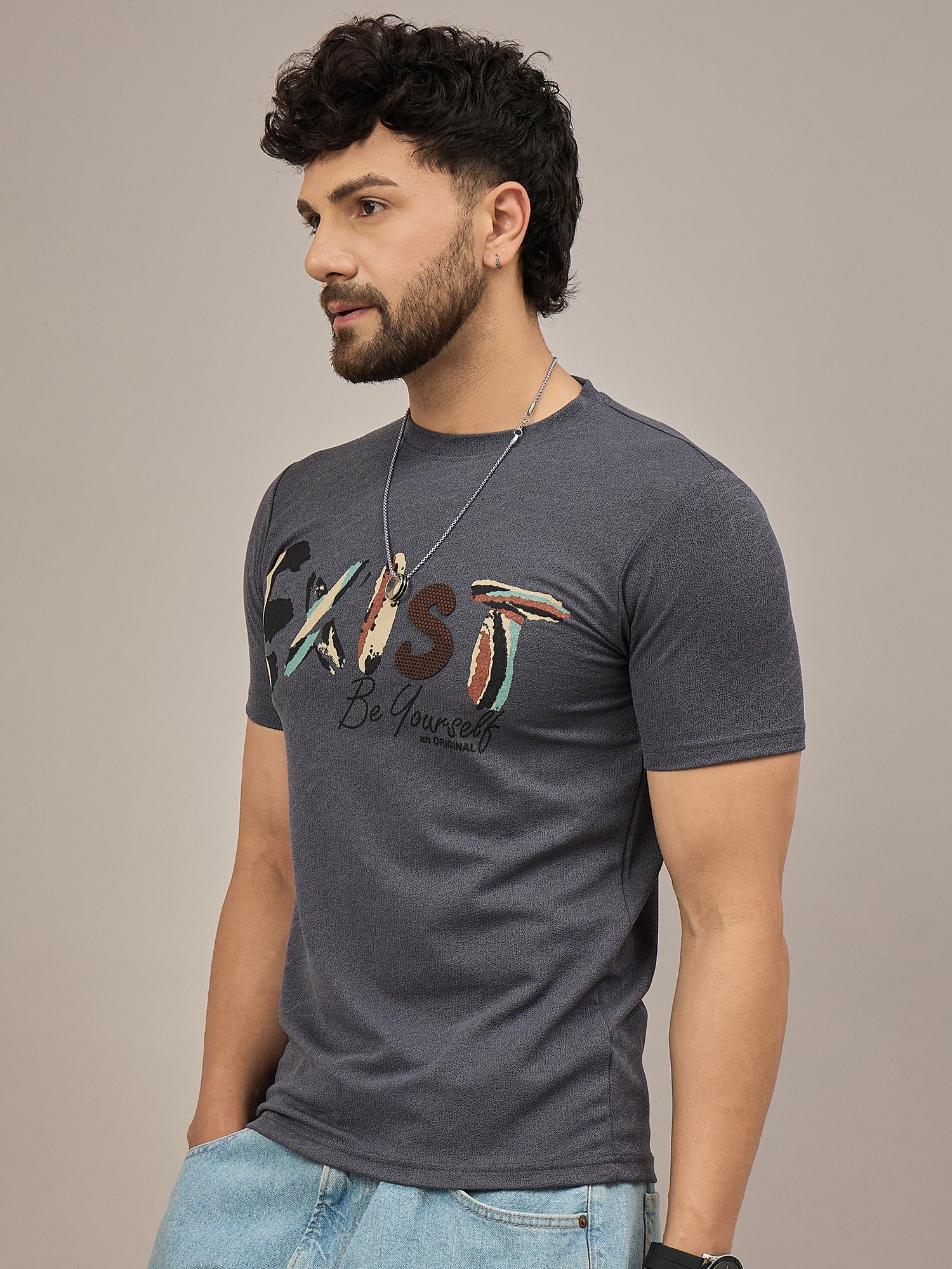 Men Round Neck T-shirt Blue