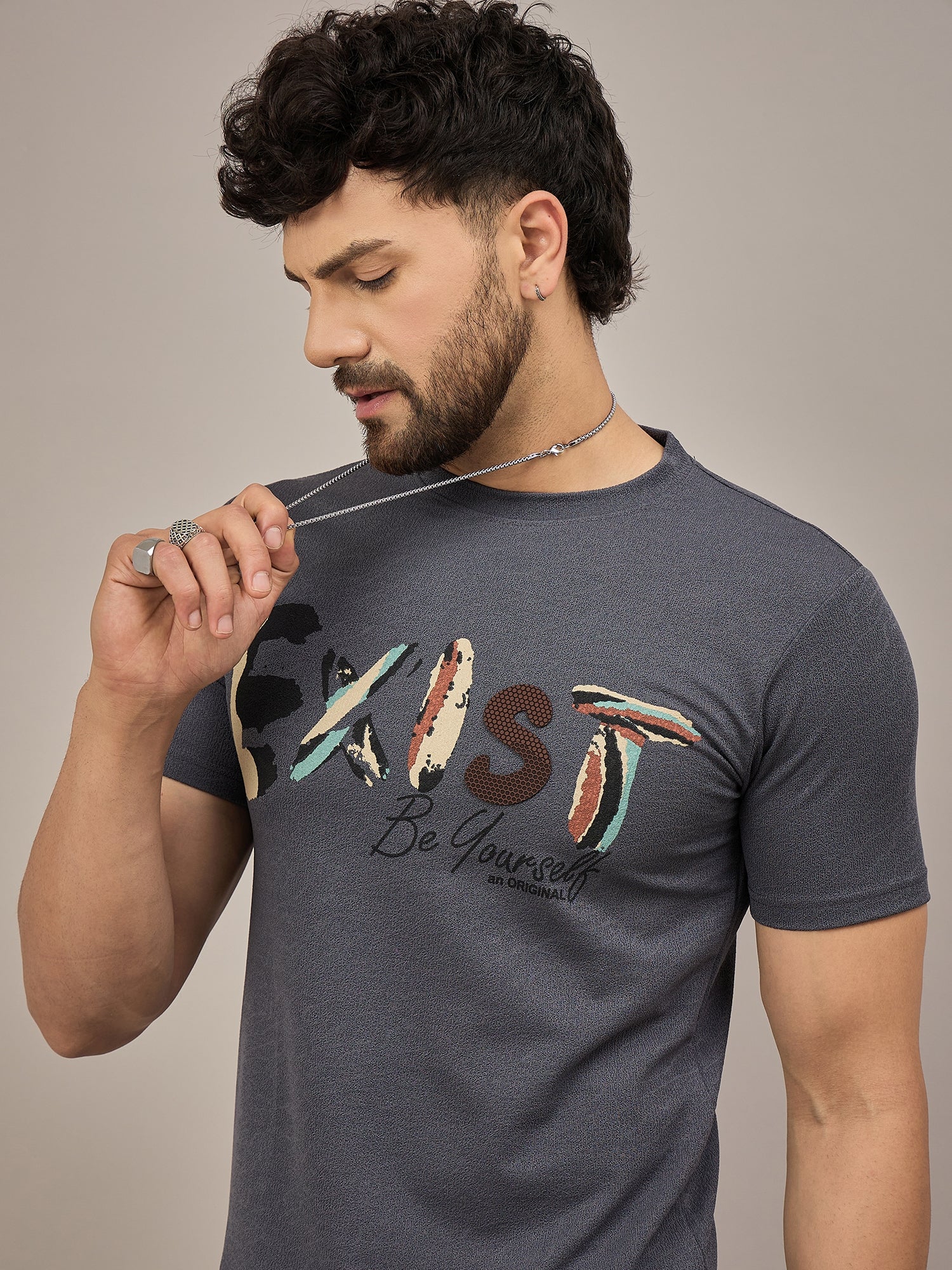 Men Round Neck T-shirt Blue