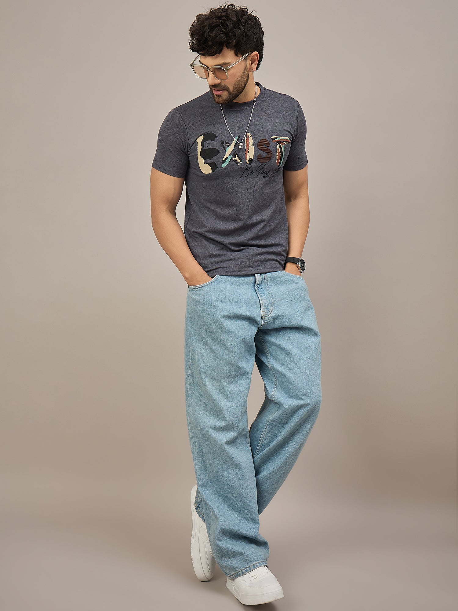 Men Round Neck T-shirt Blue