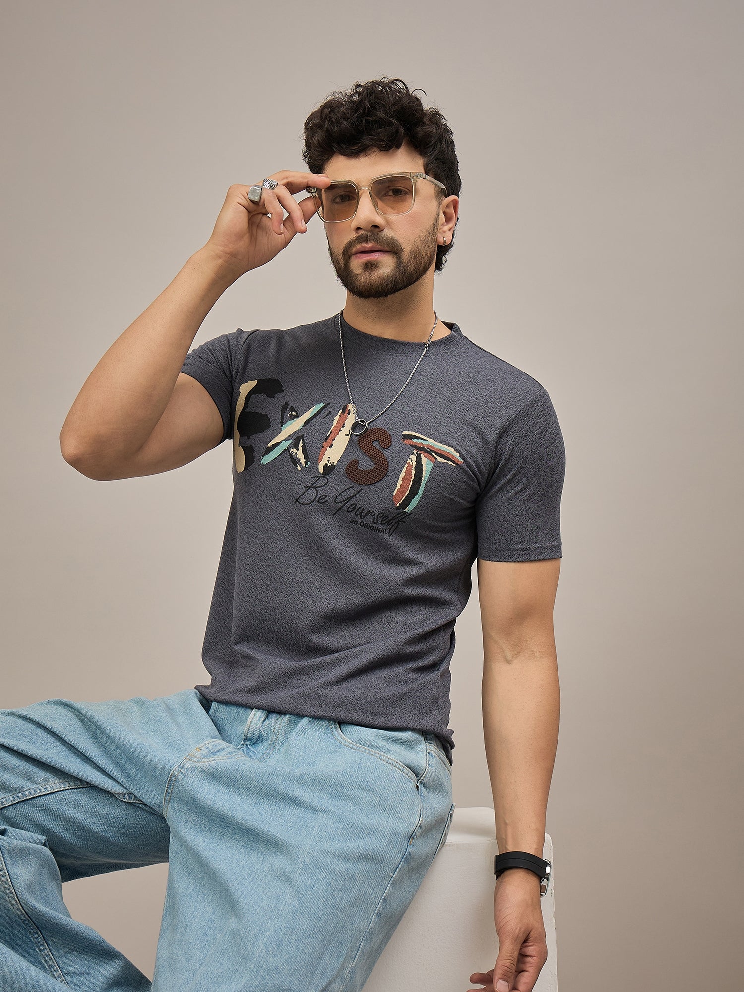 Men Round Neck T-shirt Blue