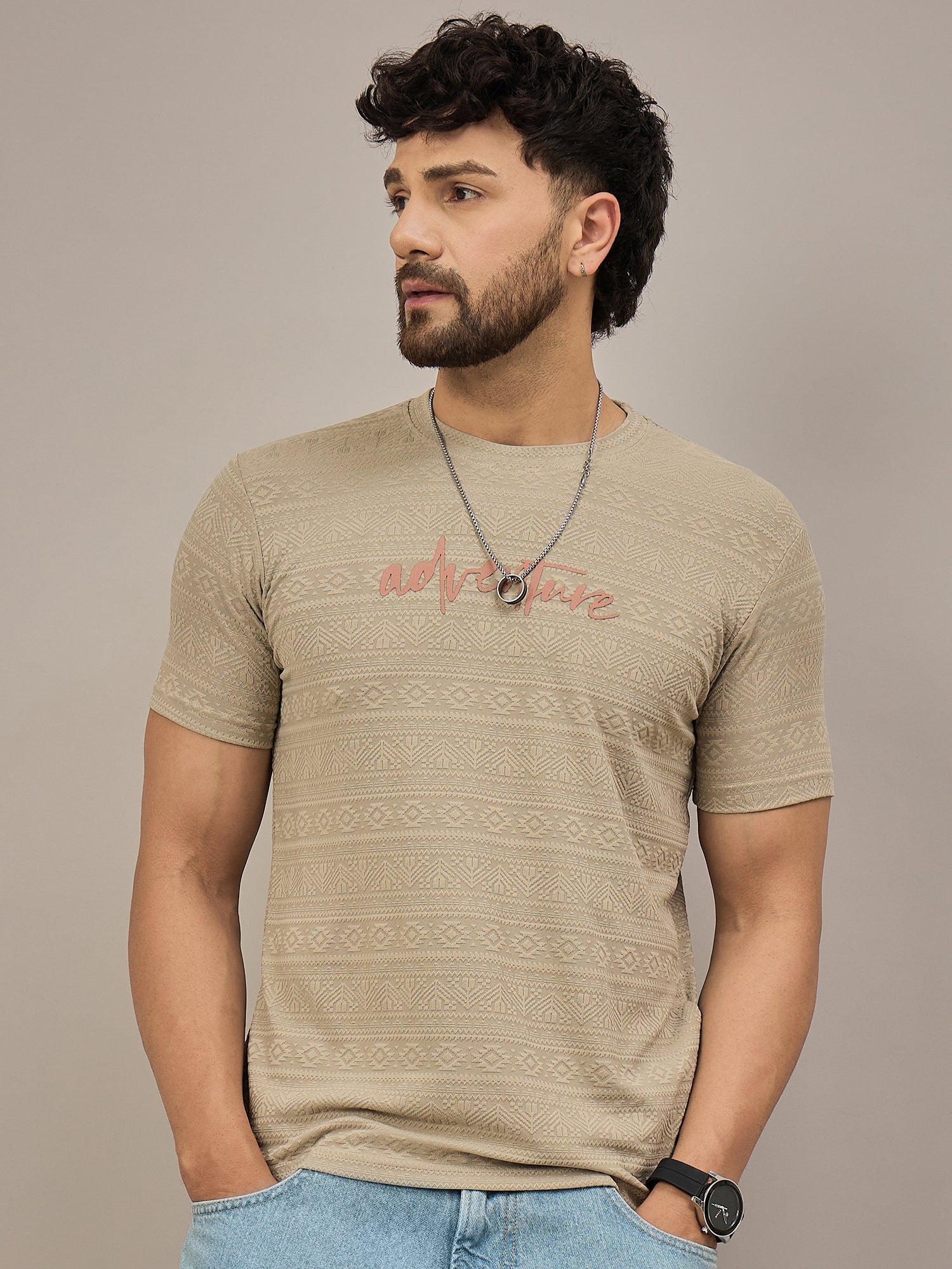 Men Round Neck T-shirt Beige