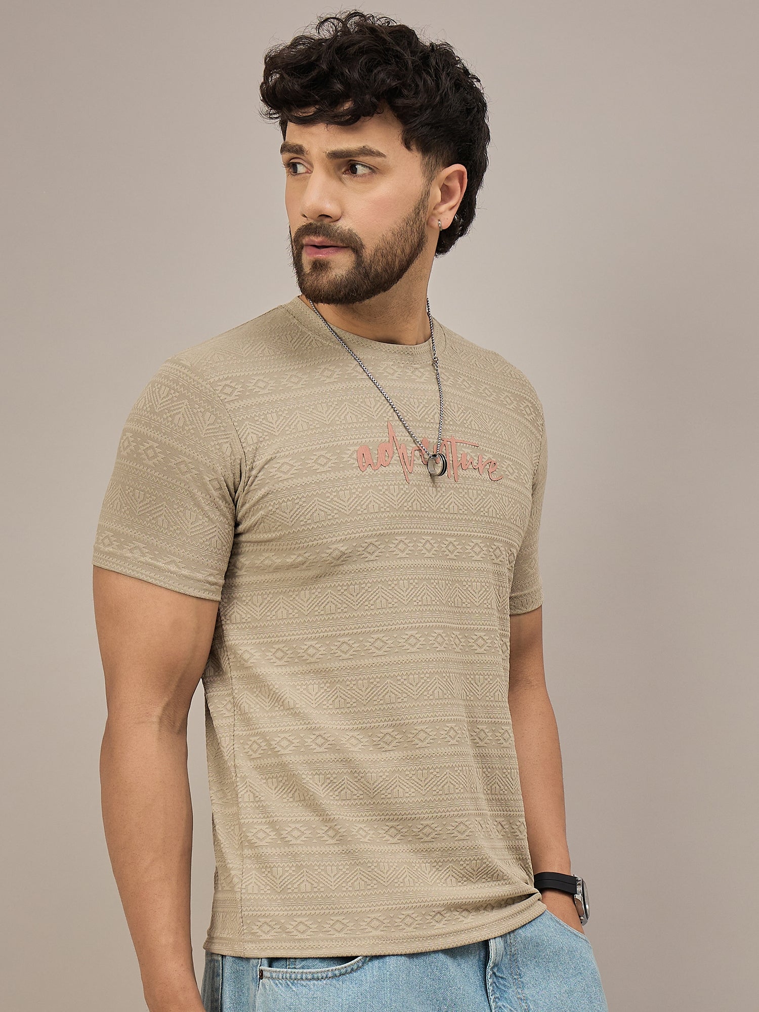 Men Round Neck T-shirt Beige