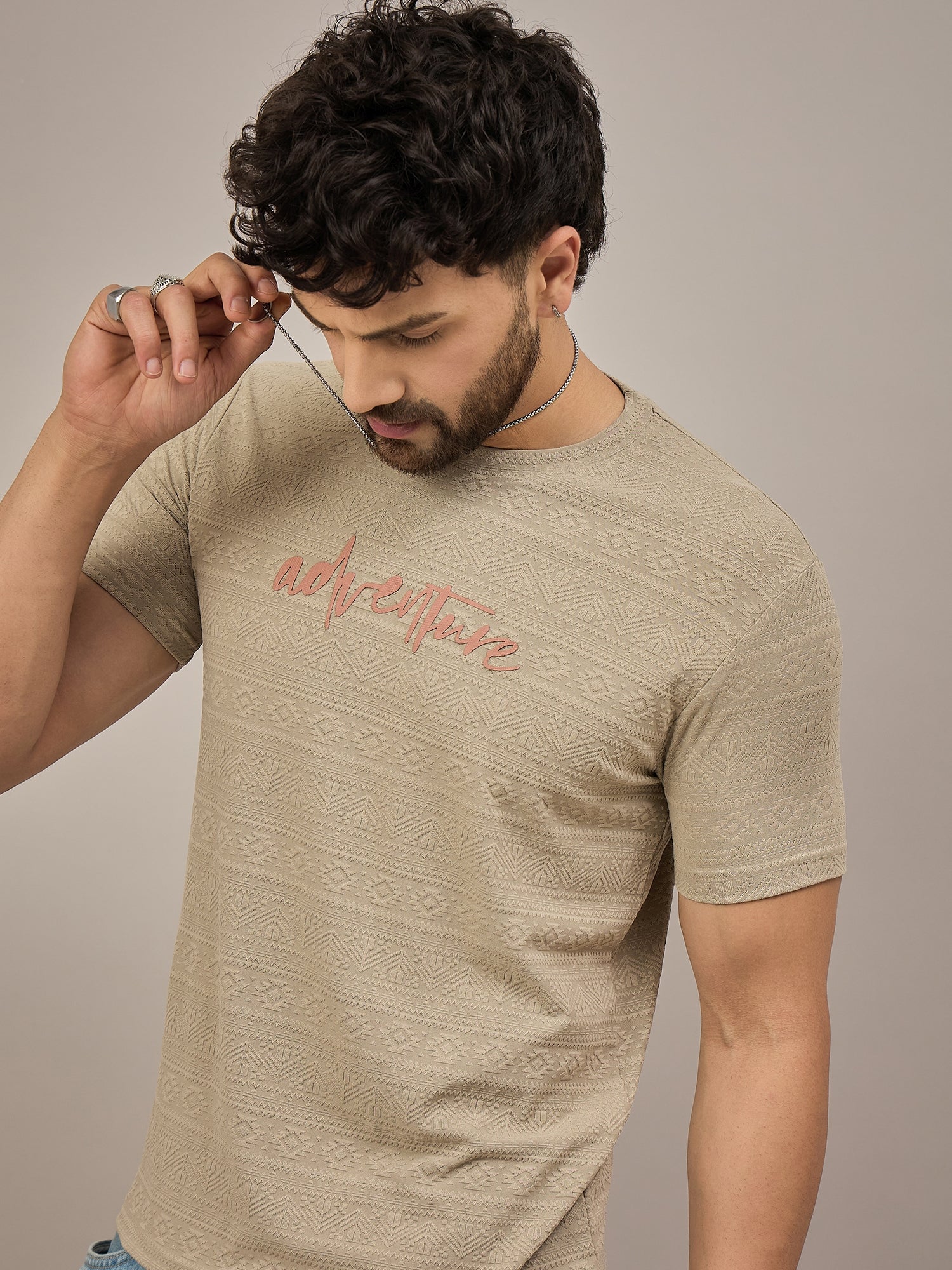 Men Round Neck T-shirt Beige