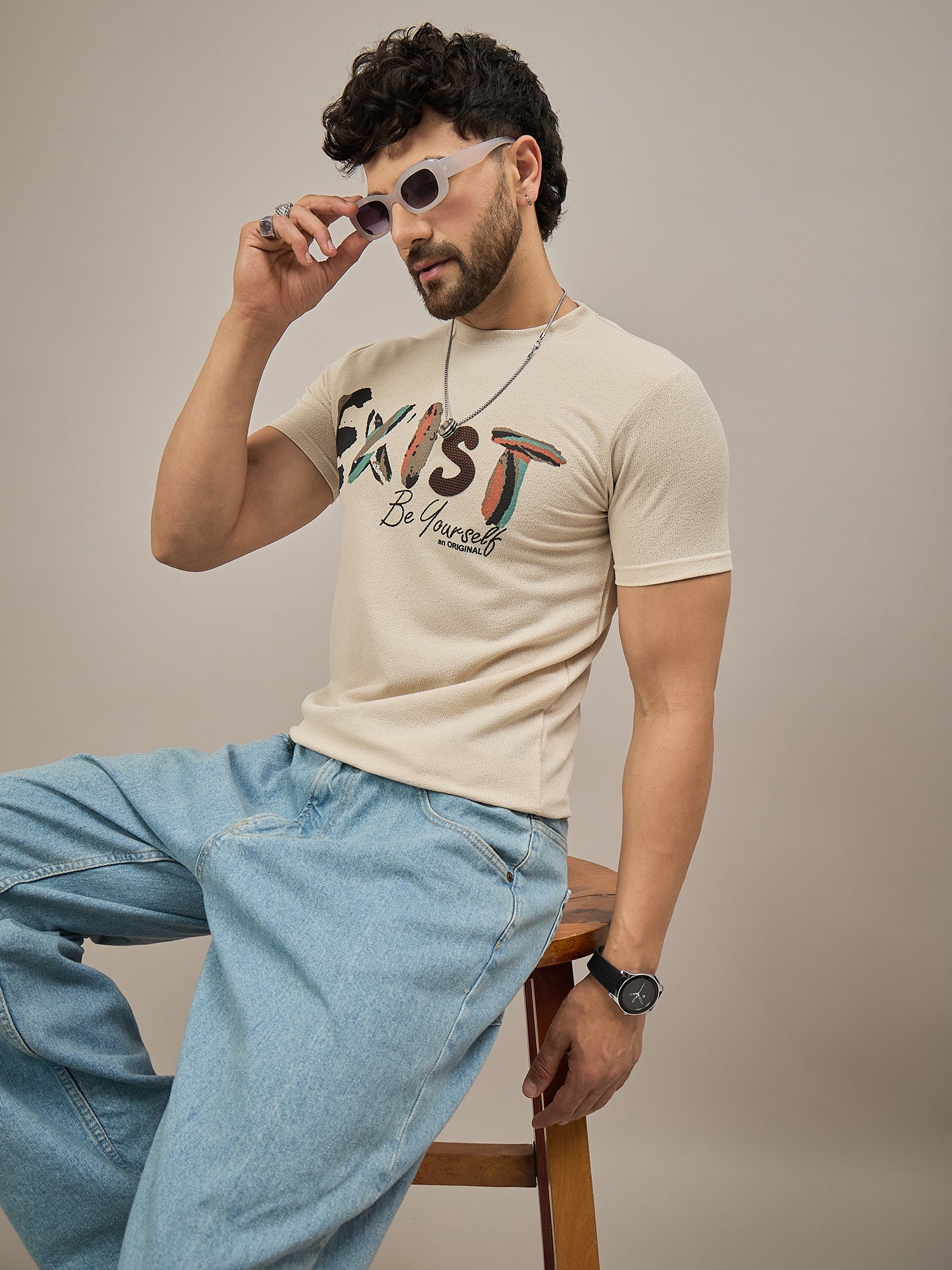 Men Round Neck T-shirt Beige