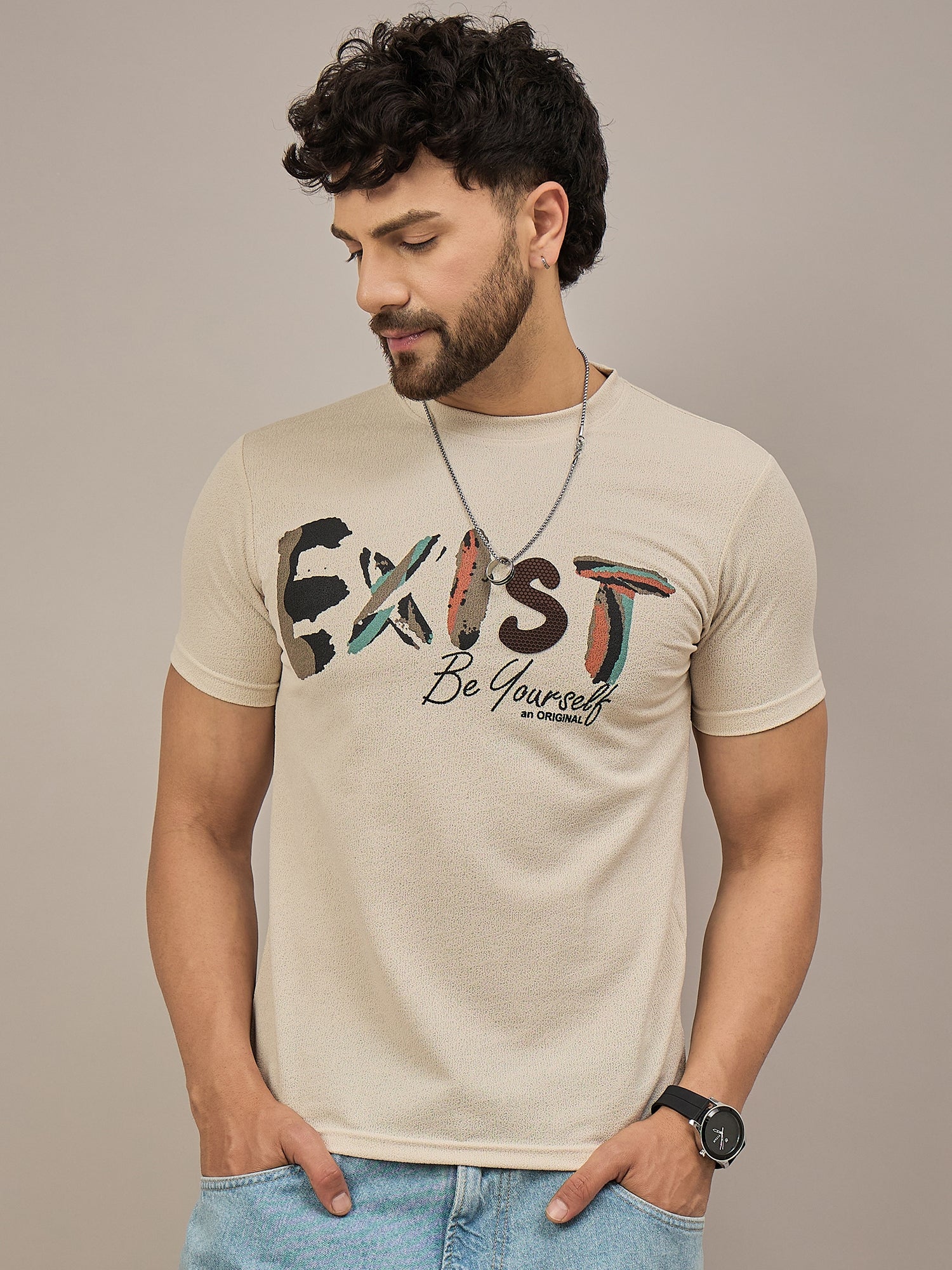 Men Round Neck T-shirt Beige