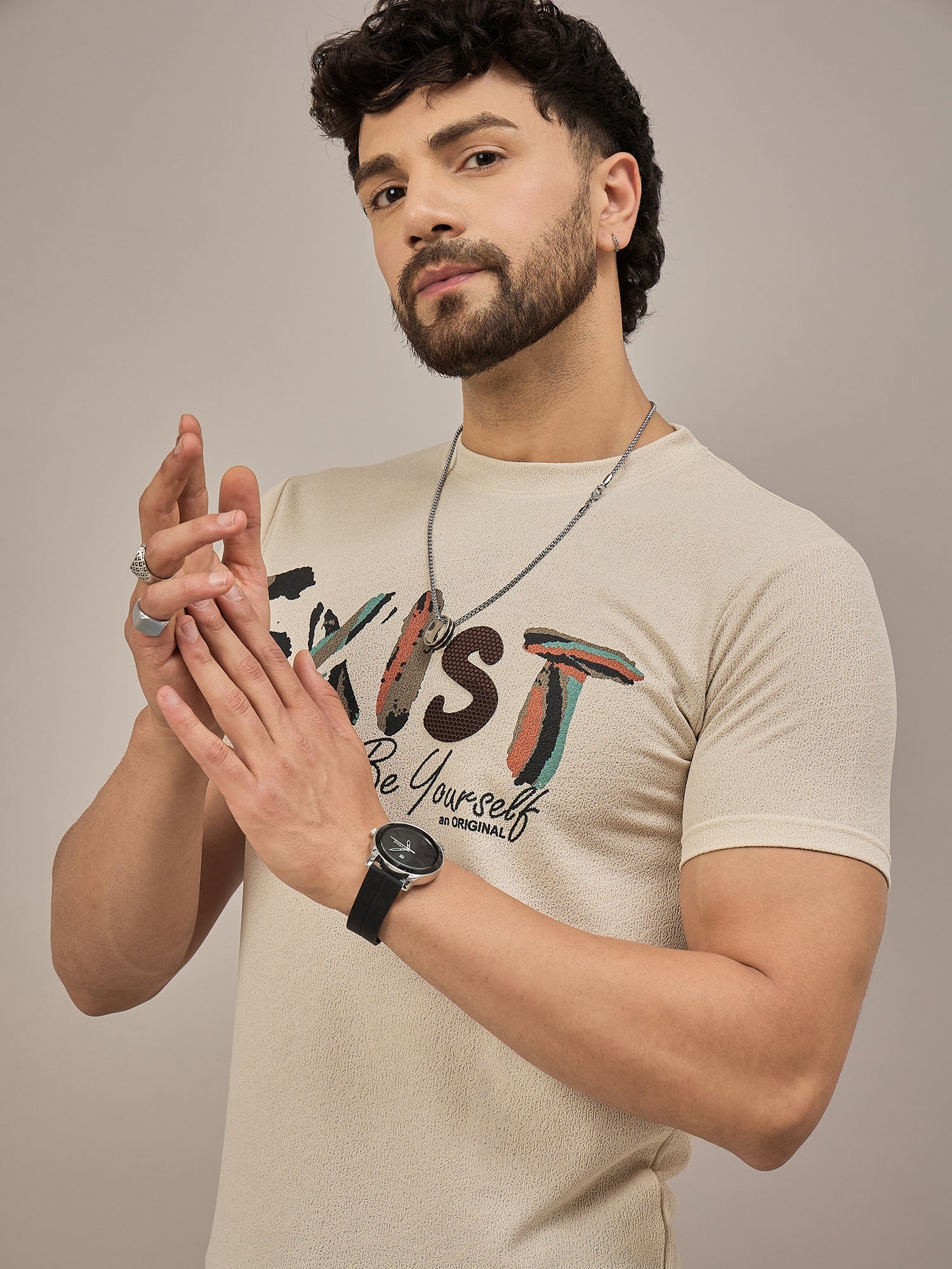 Men Round Neck T-shirt Beige