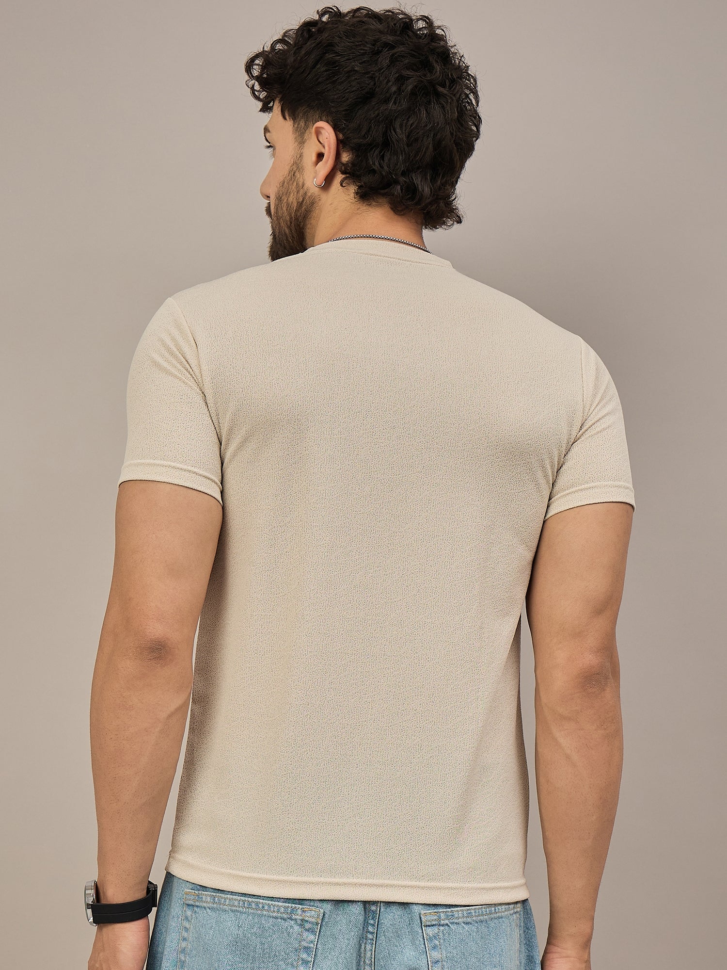 Men Round Neck T-shirt Beige
