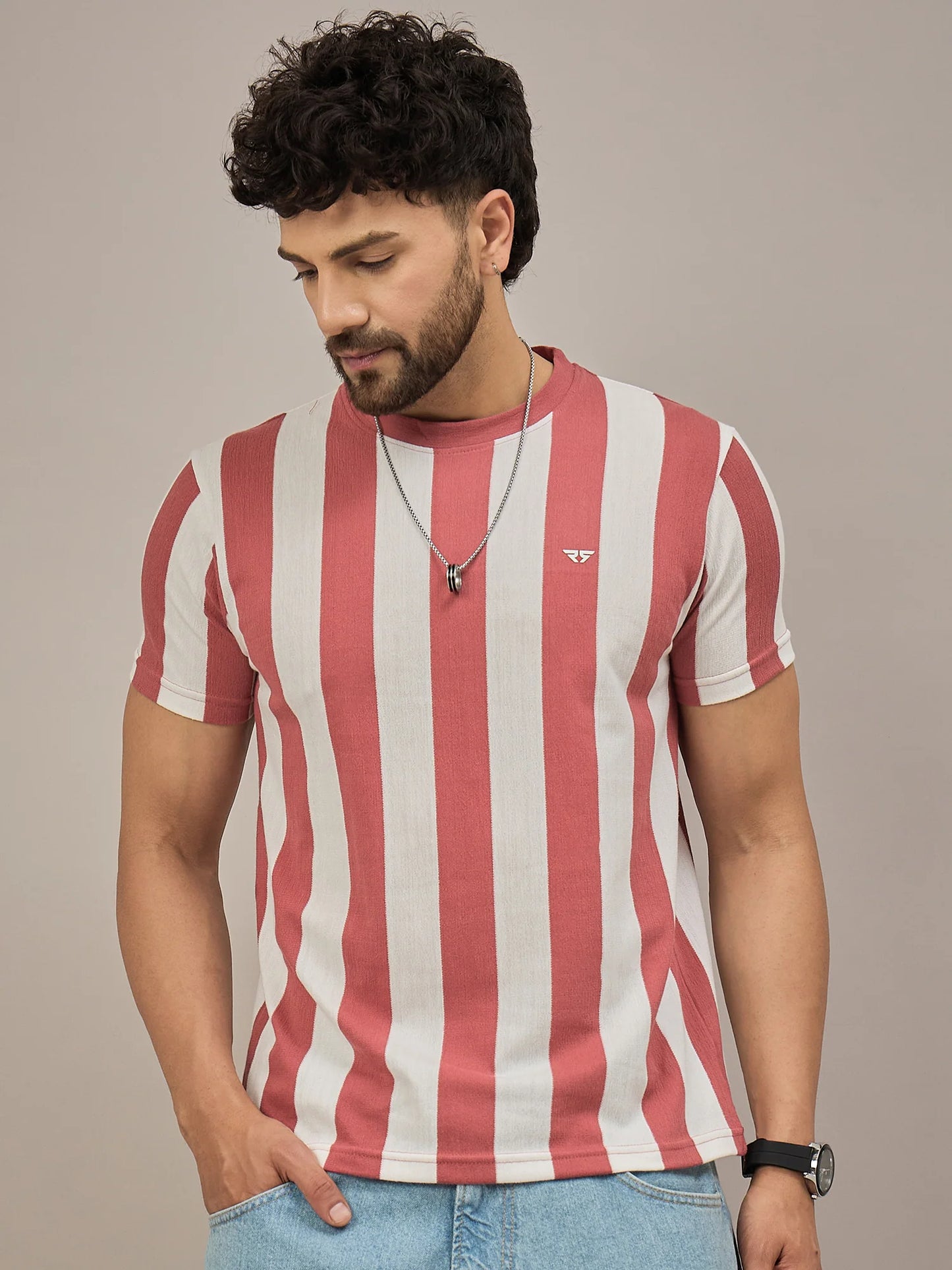 Men Striped T-shirt Rust and White