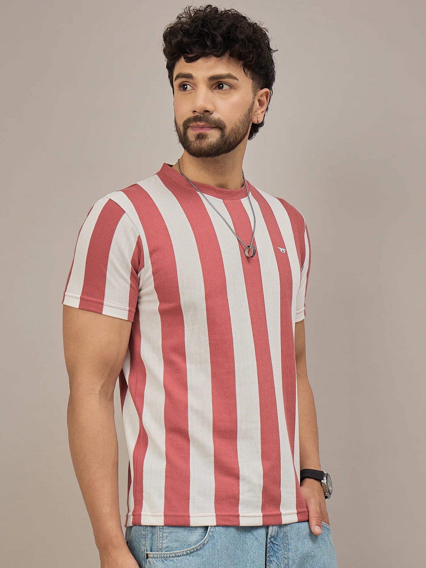 Men Striped T-shirt Rust and White