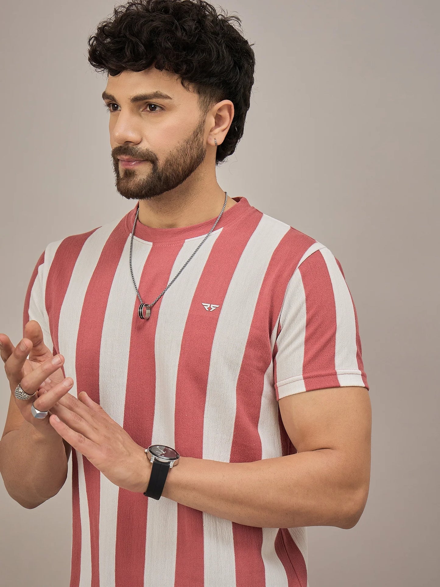 Men Striped T-shirt Rust and White