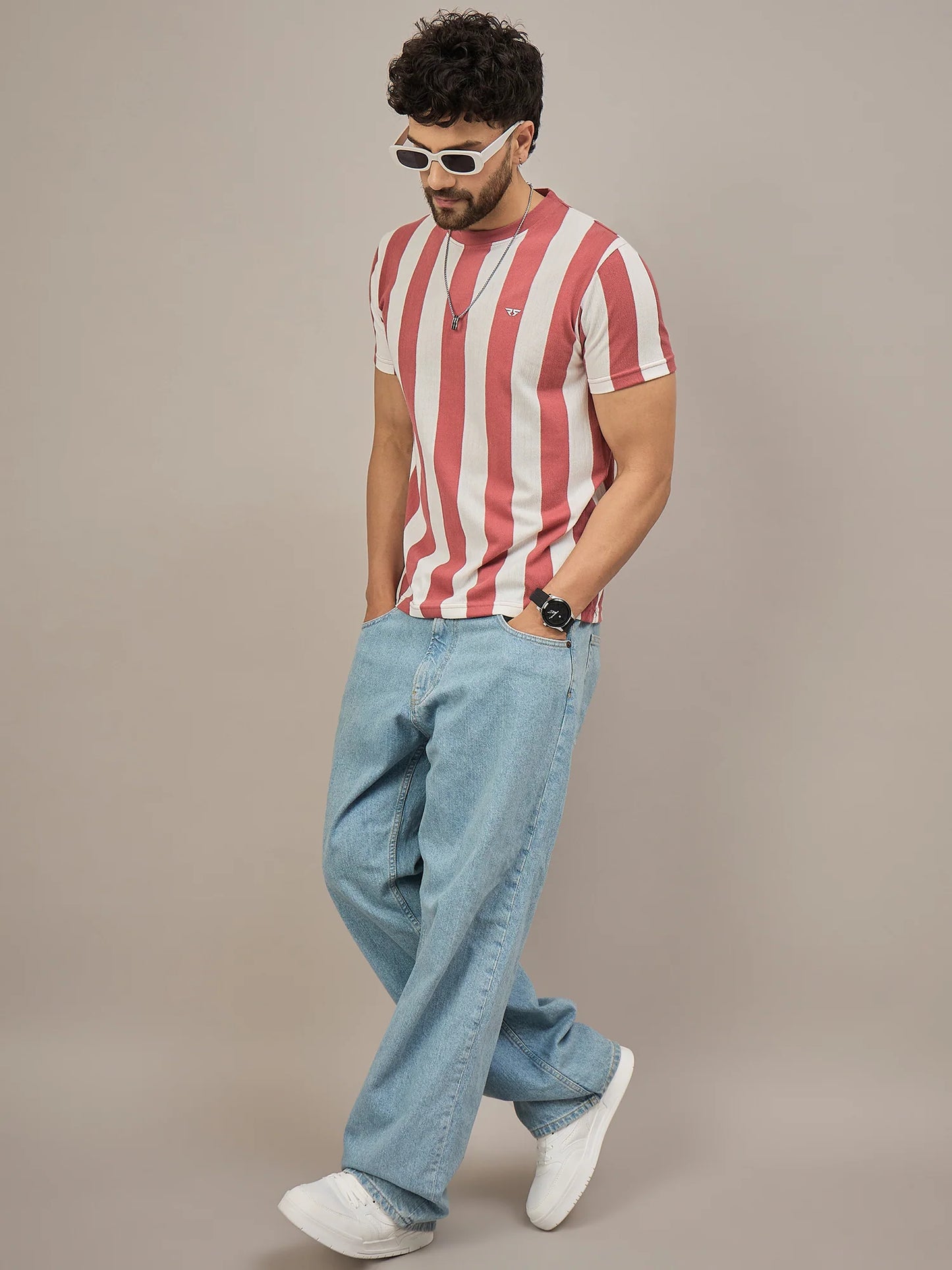 Men Striped T-shirt Rust and White